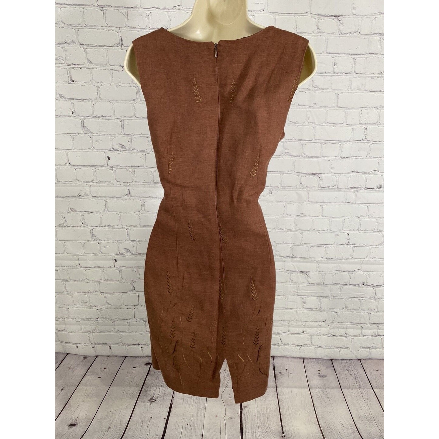 John Roberts Brown Linen Embroidered Lined Sleeveless Knee Length Shift Dress 12