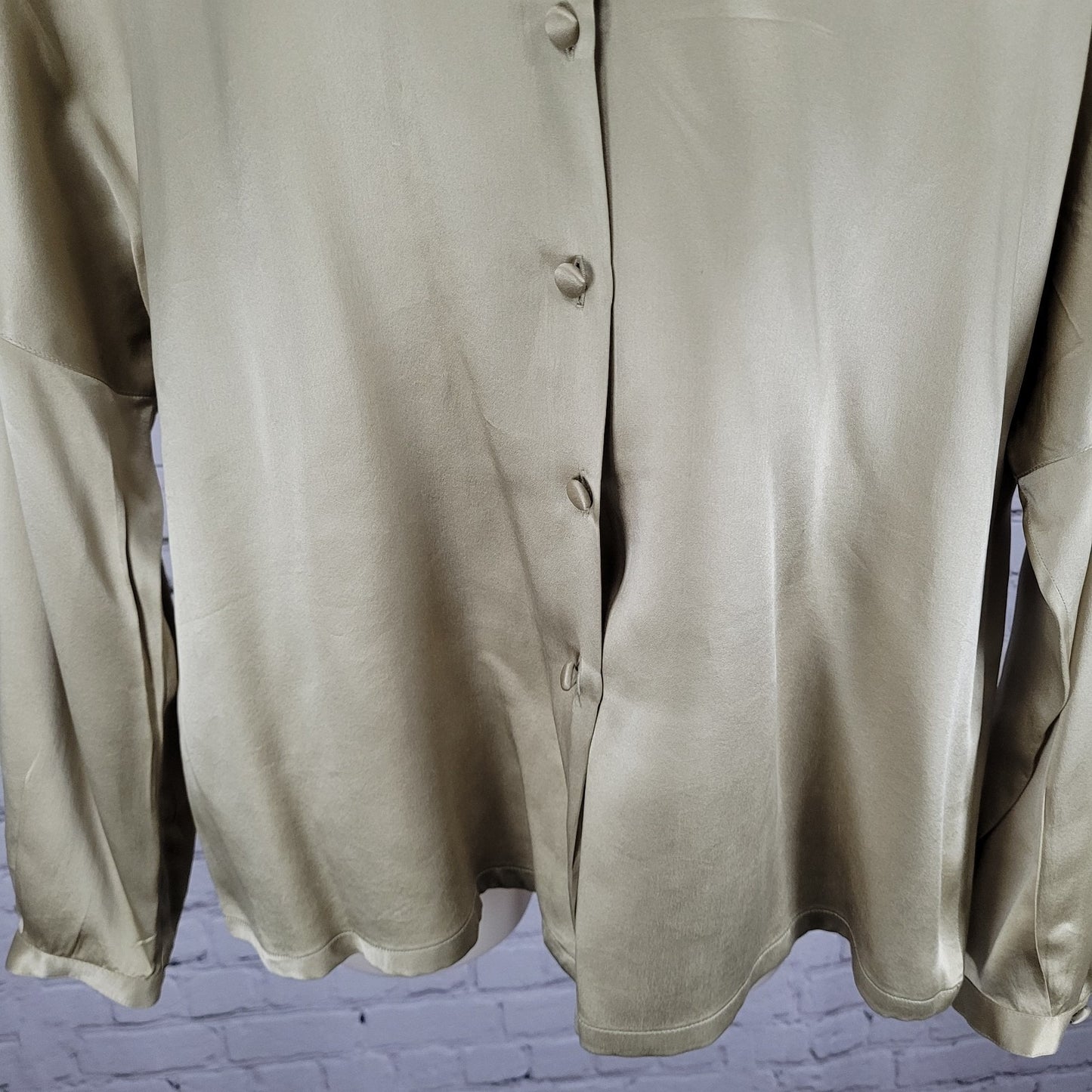 Dana Buchman Gold 100% Silk Button Up Long Sleeve Padded Blouse Shirt Size 14