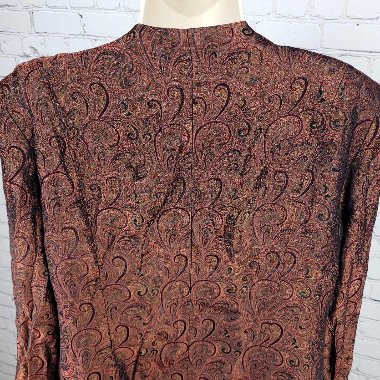 VTG Karen Miller Red & Gold Metallic Brocade Open Lined Jacket USA Made Size 16