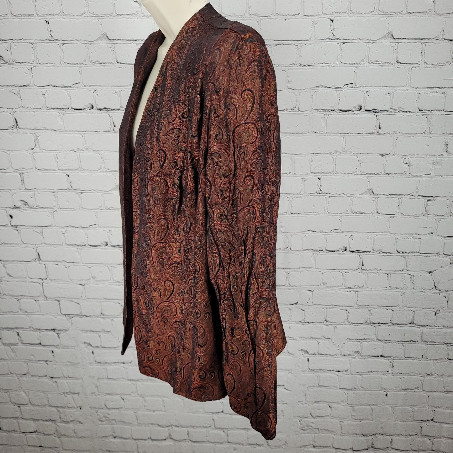 VTG Karen Miller Red & Gold Metallic Brocade Open Lined Jacket USA Made Size 16