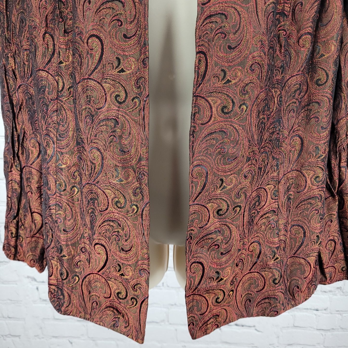 VTG Karen Miller Red & Gold Metallic Brocade Open Lined Jacket USA Made Size 16