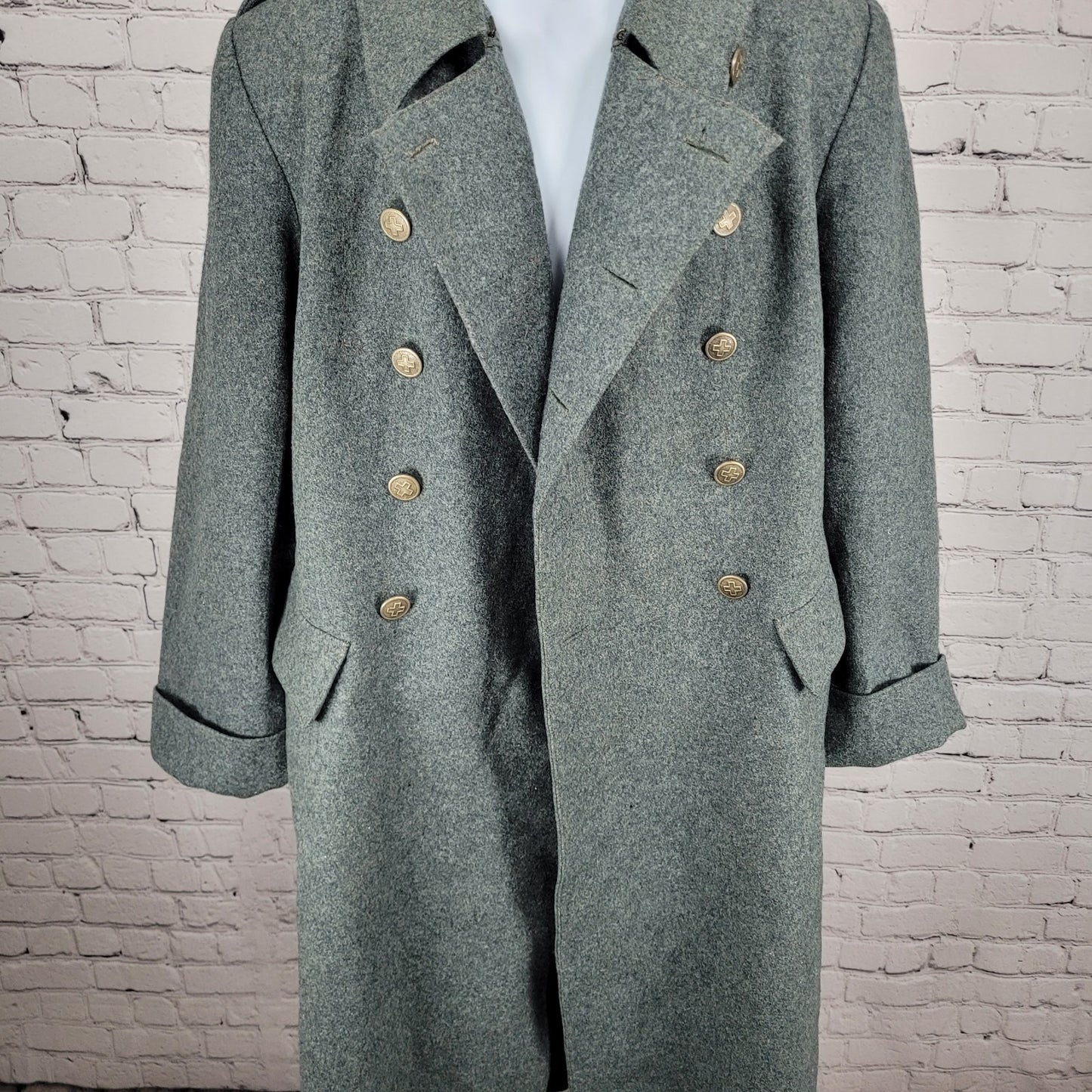 VTG WW2 Swiss Military Grey Heavyweight Double Breasted Jacket Coat Size Large L