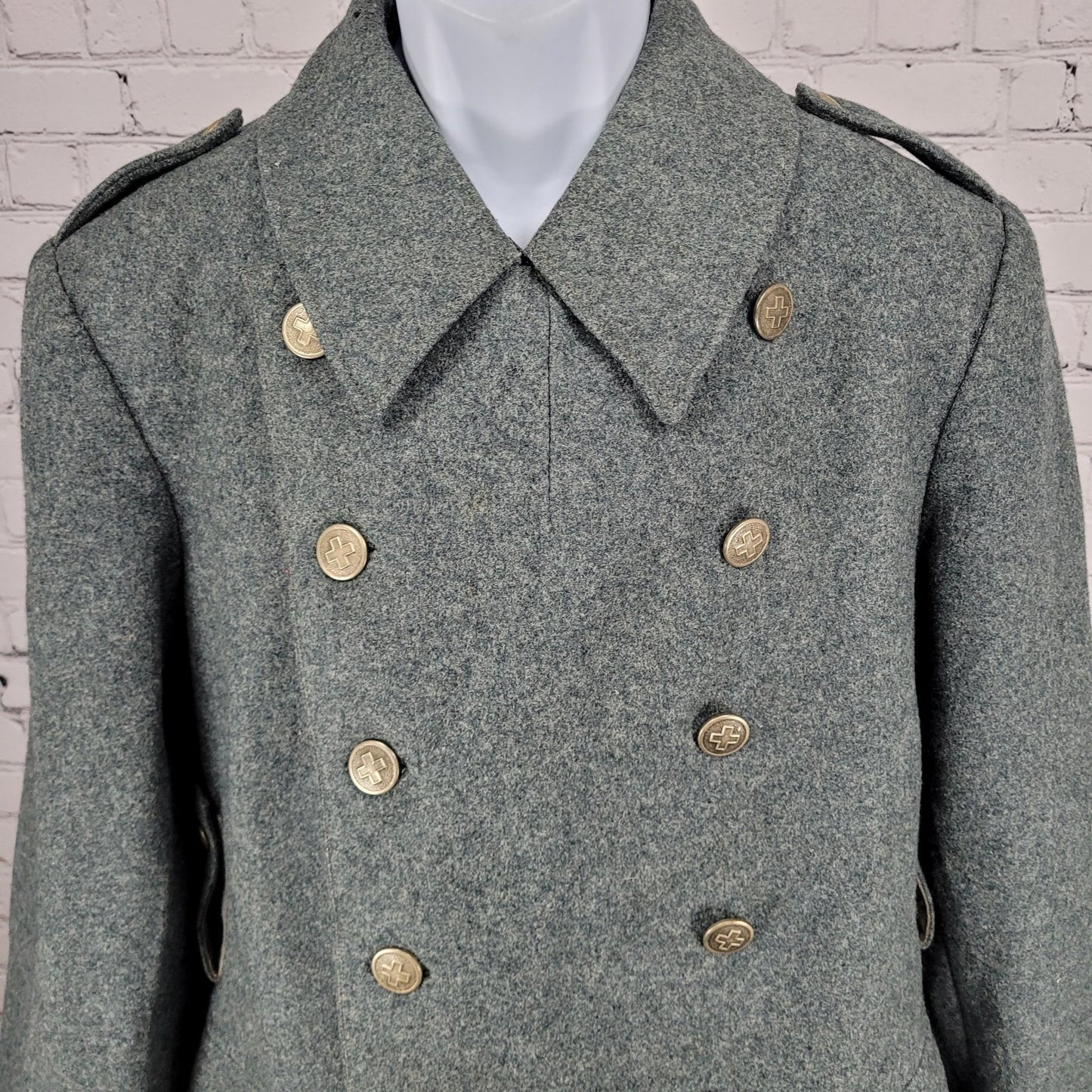 VTG WW2 Swiss Military Grey Heavyweight Double Breasted Jacket Coat Size Large L