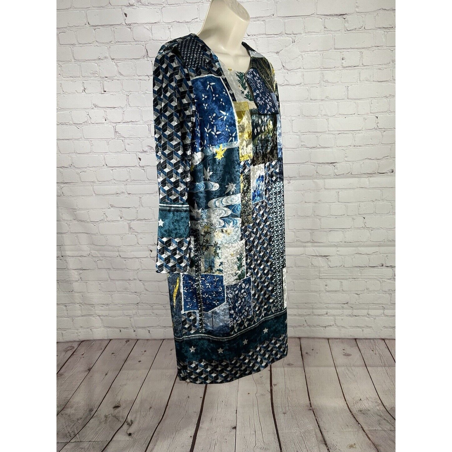 Vilagallo Velvet Floral Geometric Back Zip 3/4 Sleeve Shift Dress Women’s M