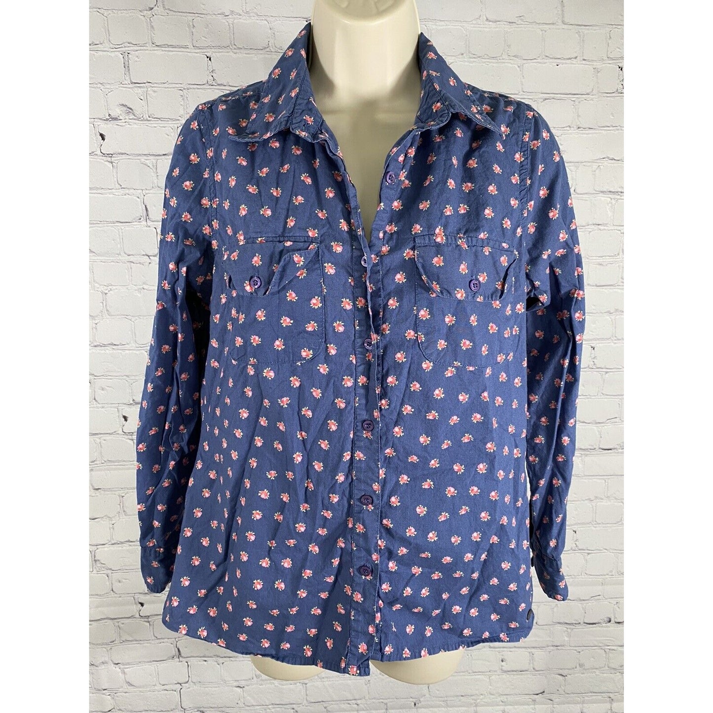 Tommy Girl Blue Floral Long Sleeve Button Up Collared Shirt Pockets Juniors L