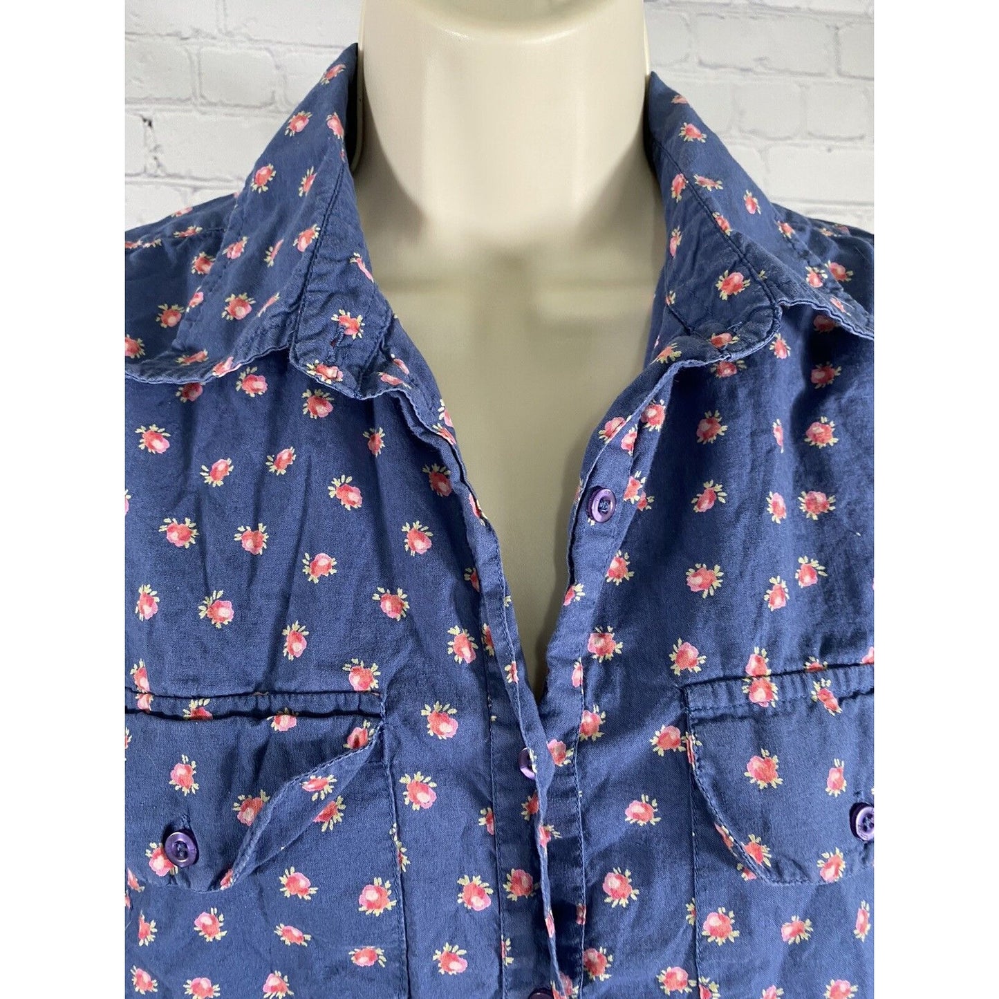 Tommy Girl Blue Floral Long Sleeve Button Up Collared Shirt Pockets Juniors L