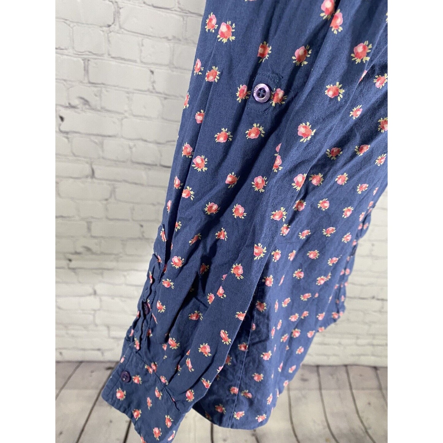 Tommy Girl Blue Floral Long Sleeve Button Up Collared Shirt Pockets Juniors L