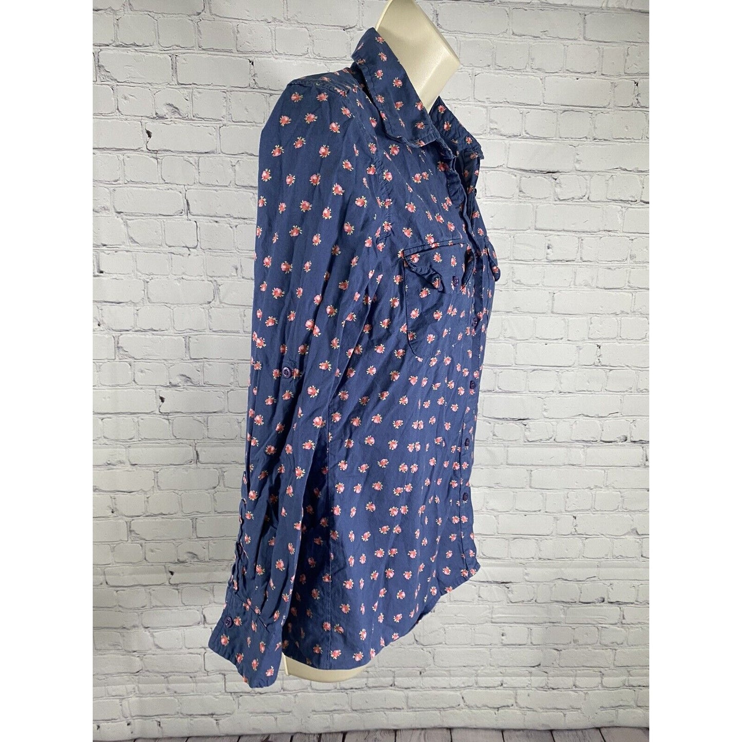 Tommy Girl Blue Floral Long Sleeve Button Up Collared Shirt Pockets Juniors L