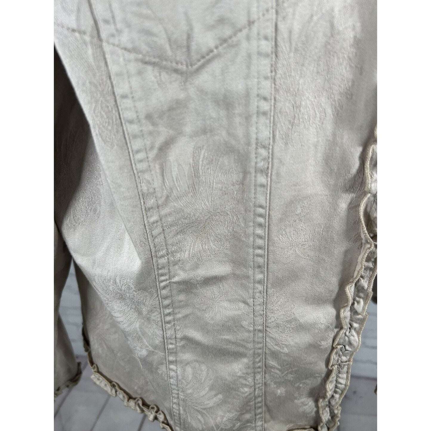 Chico’s Beige Long Sleeve Open Front Ruffle Trim Faint Floral Pattern Jacket M