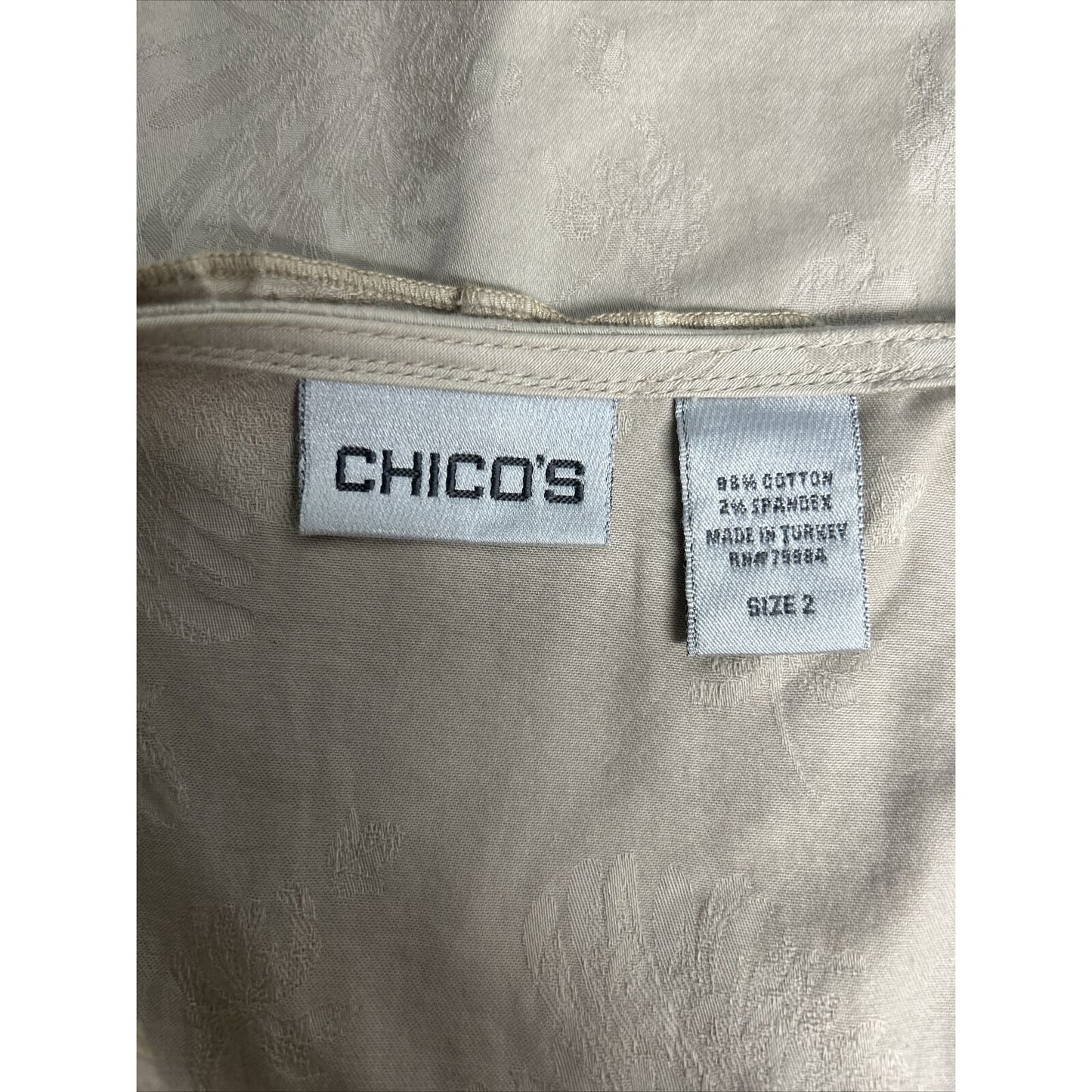 Chico’s Beige Long Sleeve Open Front Ruffle Trim Faint Floral Pattern Jacket M