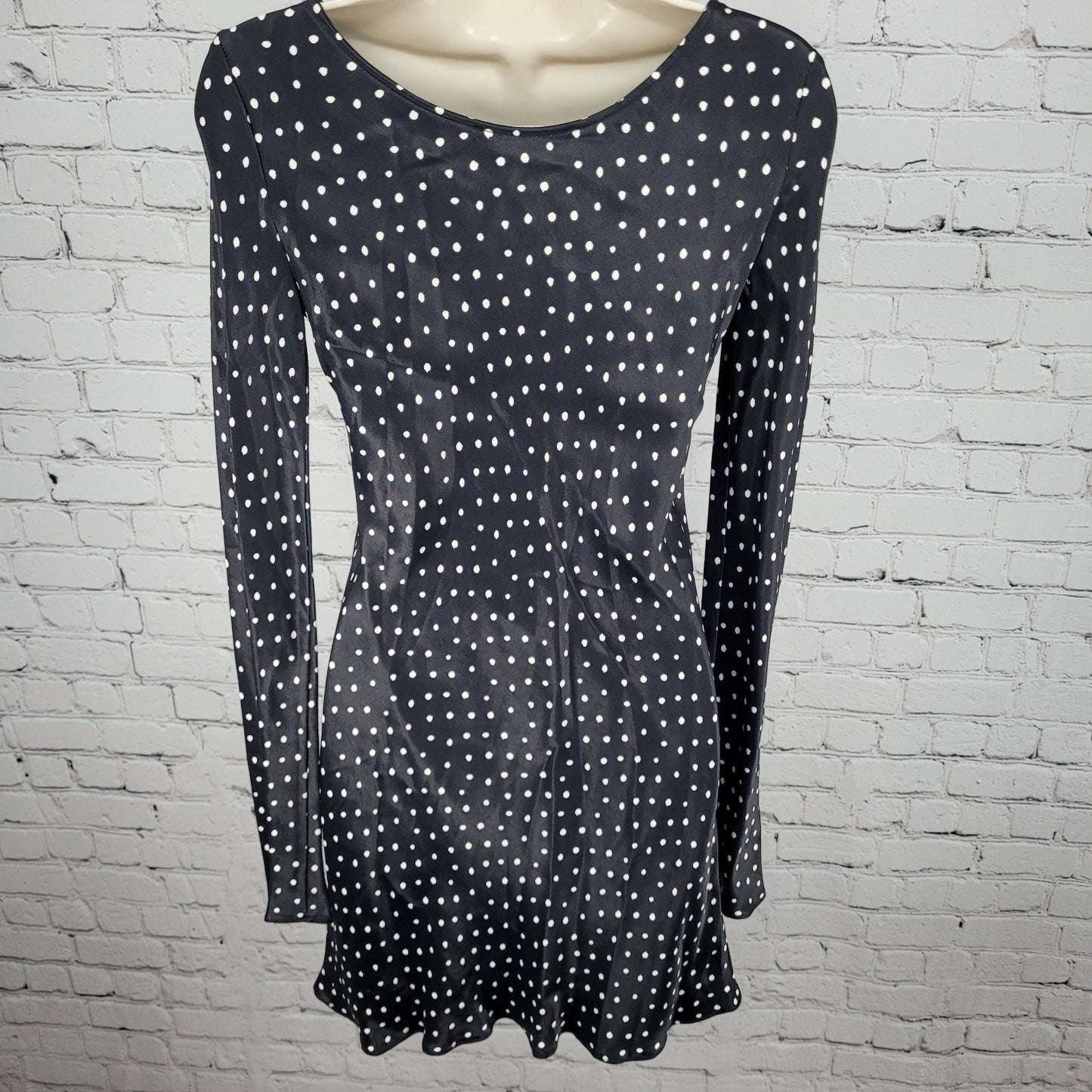 Zara Black Polka Dot Satin Stretch Long Sleeve Zipped Mini Dress Size Small S
