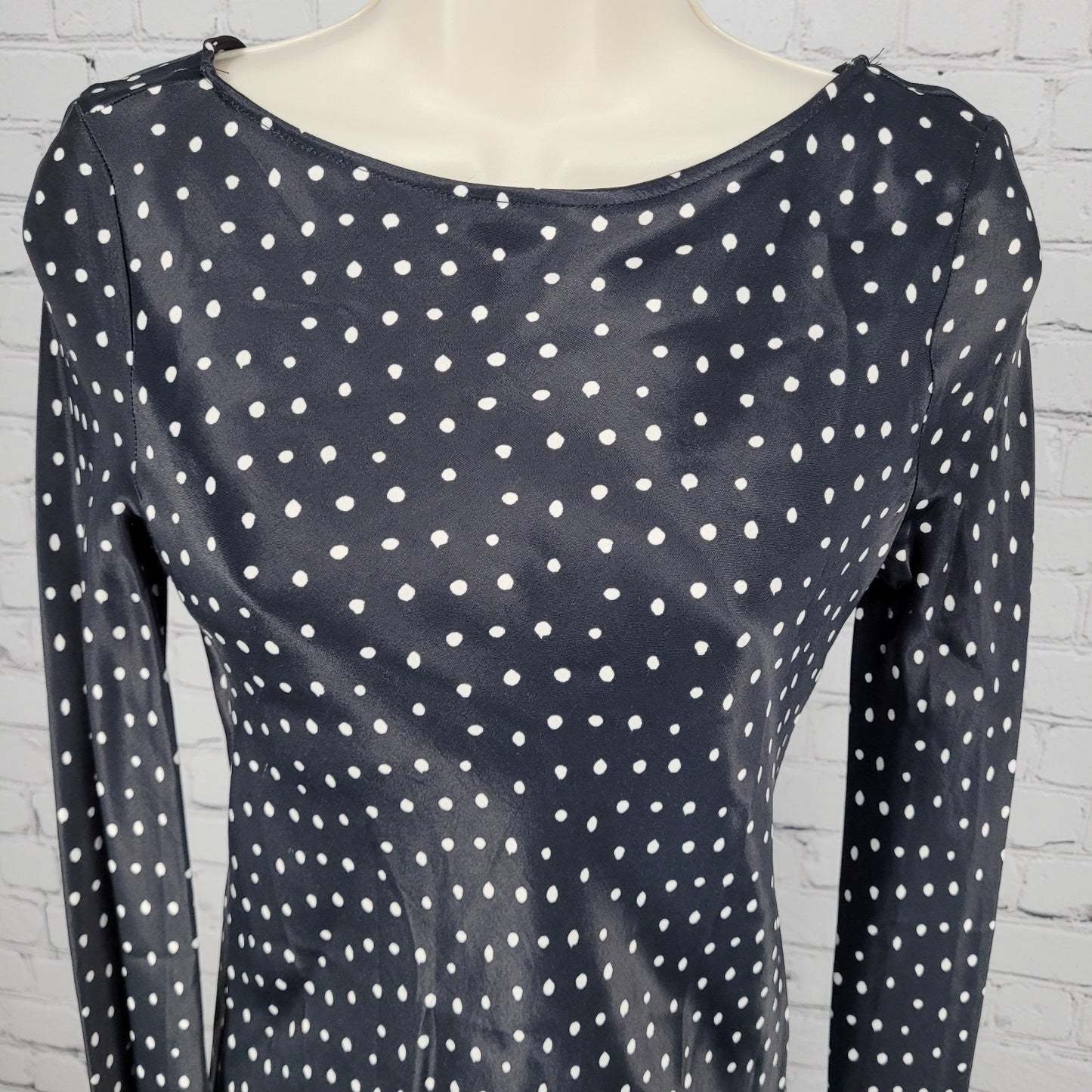 Zara Black Polka Dot Satin Stretch Long Sleeve Zipped Mini Dress Size Small S