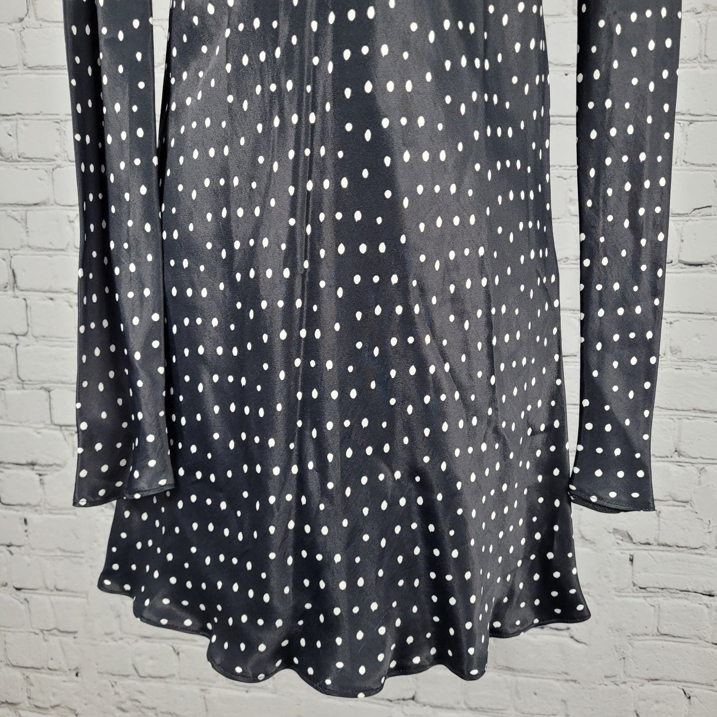 Zara Black Polka Dot Satin Stretch Long Sleeve Zipped Mini Dress Size Small S