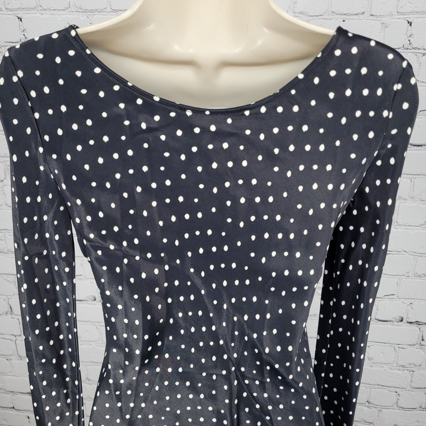 Zara Black Polka Dot Satin Stretch Long Sleeve Zipped Mini Dress Size Small S