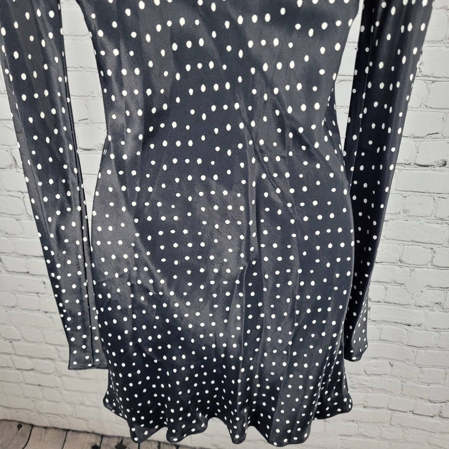 Zara Black Polka Dot Satin Stretch Long Sleeve Zipped Mini Dress Size Small S