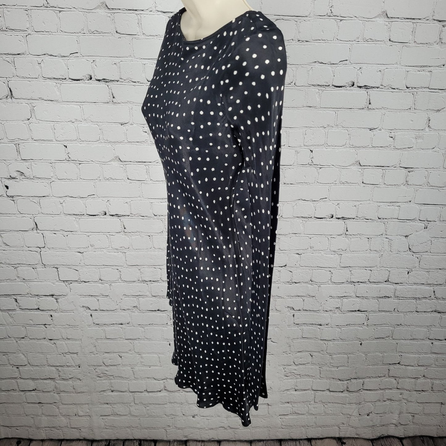 Zara Black Polka Dot Satin Stretch Long Sleeve Zipped Mini Dress Size Small S