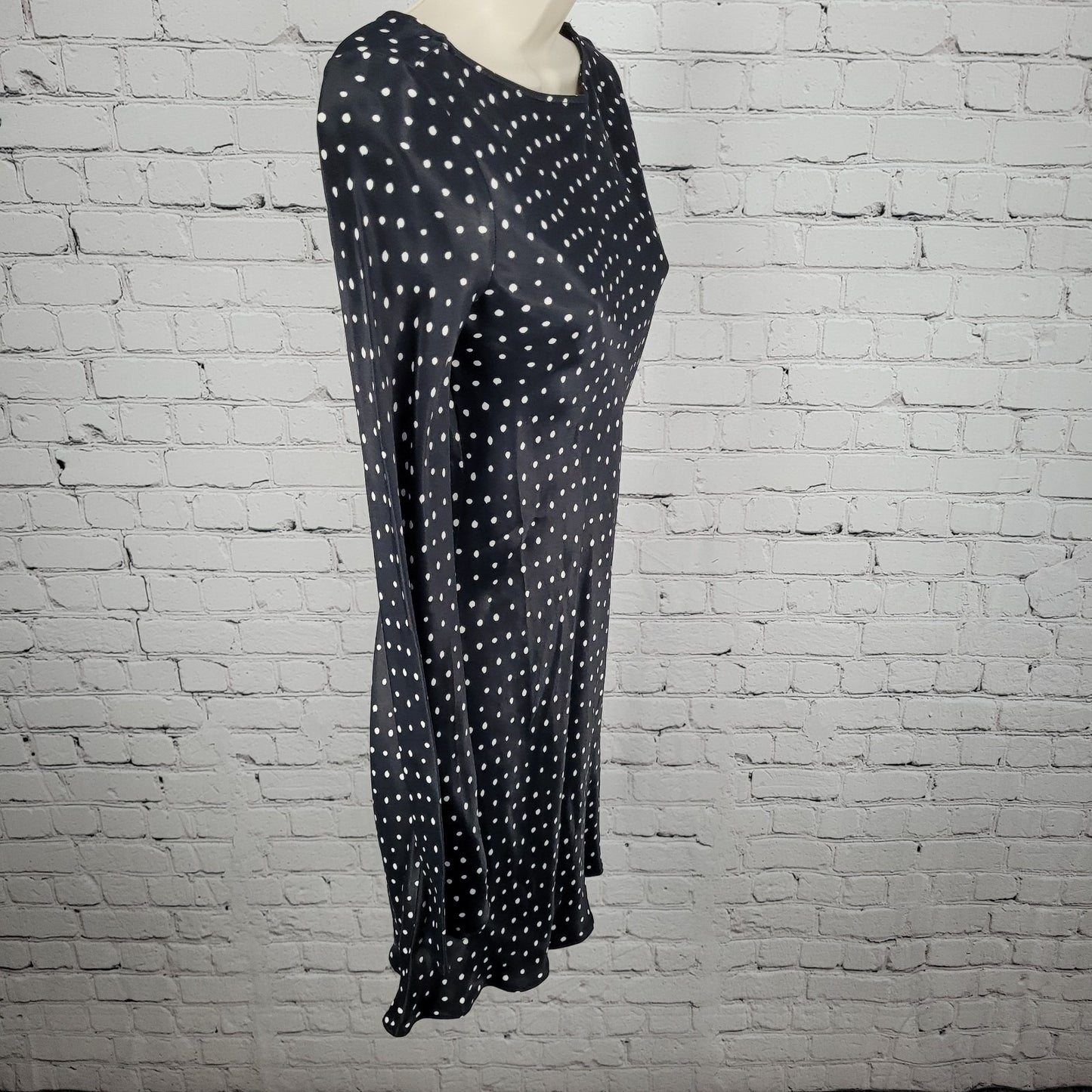 Zara Black Polka Dot Satin Stretch Long Sleeve Zipped Mini Dress Size Small S