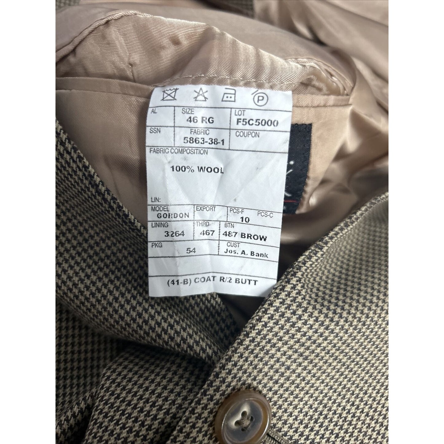 Jos A Bank Brown Houndstooth Two Button Blazer Jacket 100% Wool Men’s 46R *hole