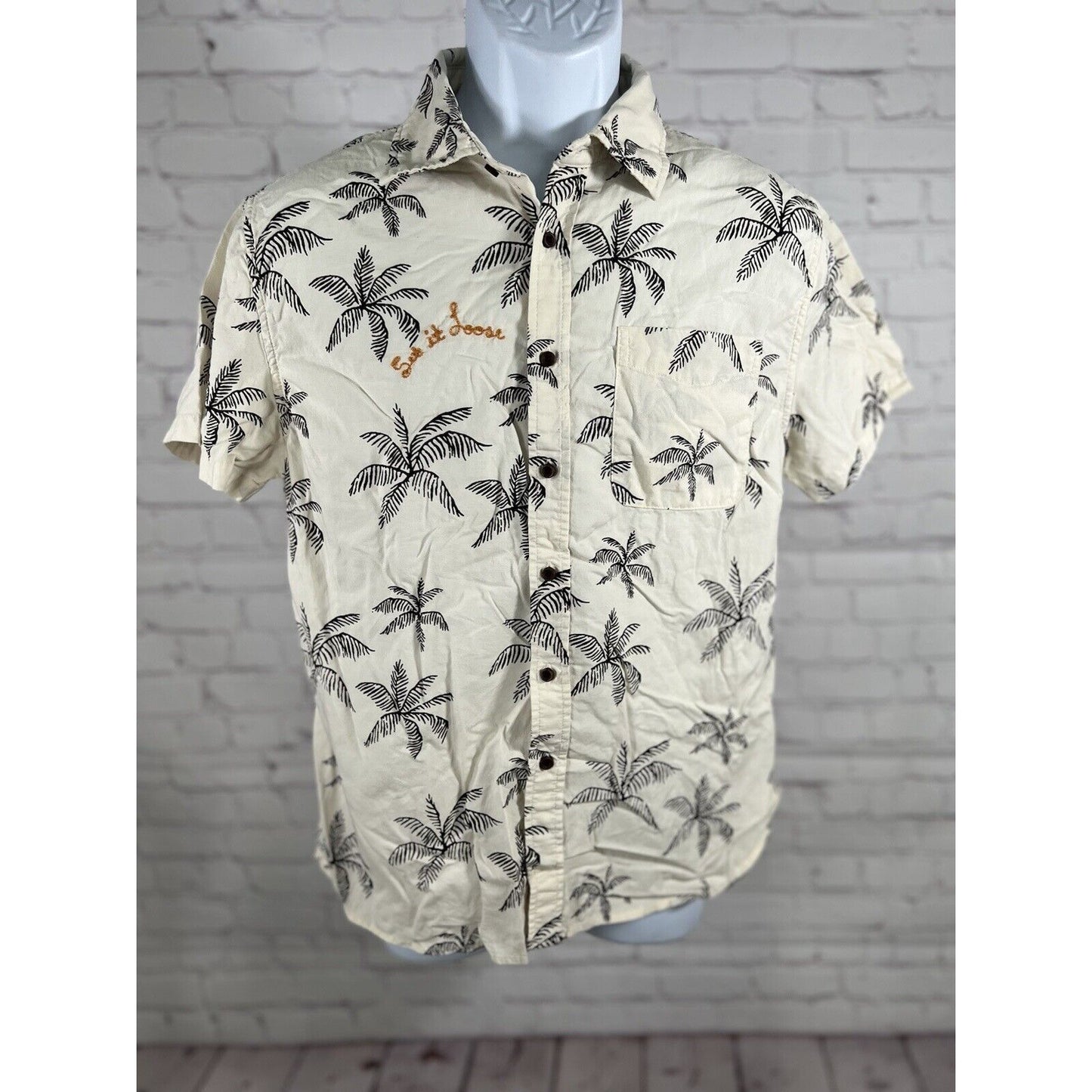 Katin Mai Tai Casual Button Down Shirt Tan Beige Hawaiian Palm Tree Men’s SM