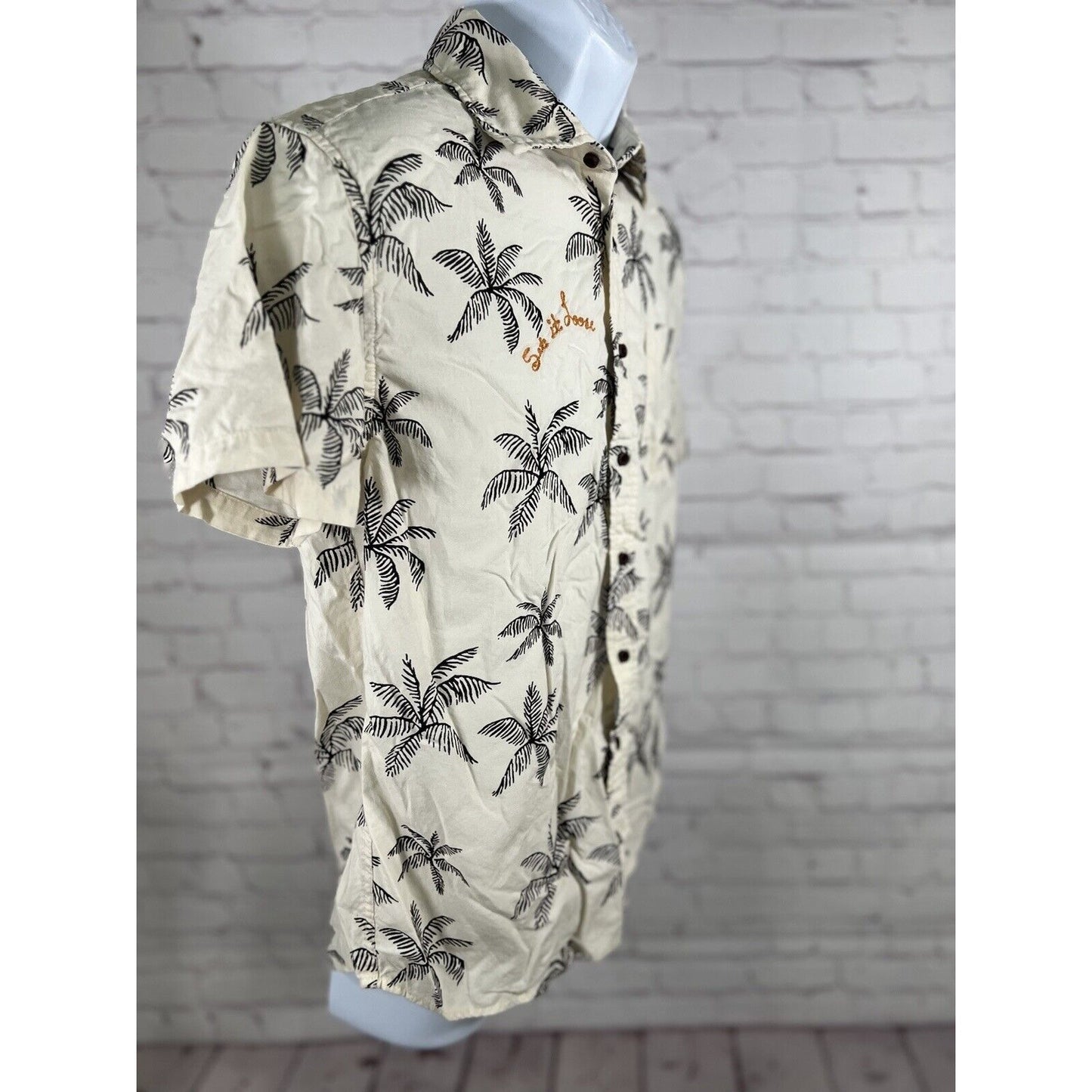 Katin Mai Tai Casual Button Down Shirt Tan Beige Hawaiian Palm Tree Men’s SM