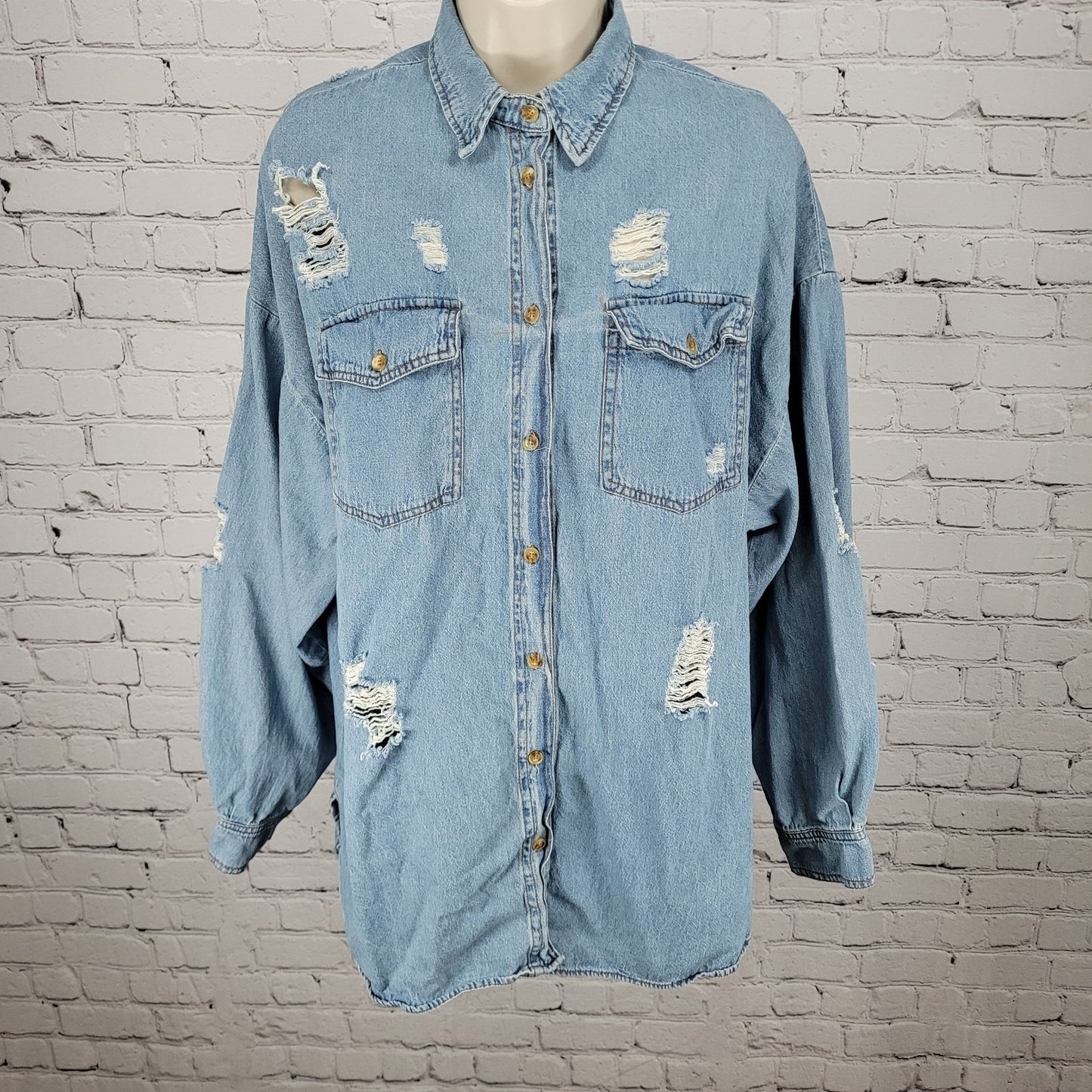 Signature 8 Blue Chambray Distressed Urban Streetwear Denim Button Shirt Small S