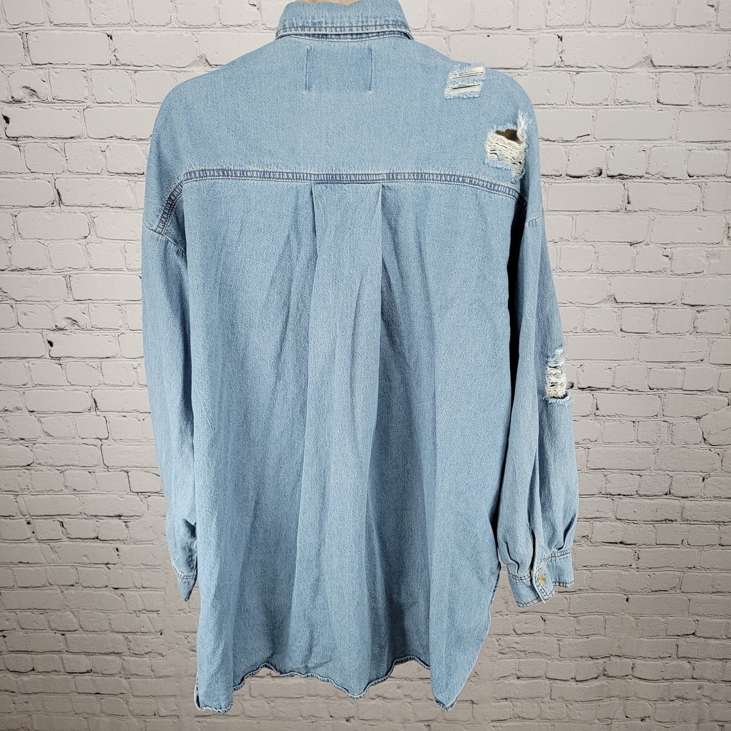 Signature 8 Blue Chambray Distressed Urban Streetwear Denim Button Shirt Small S