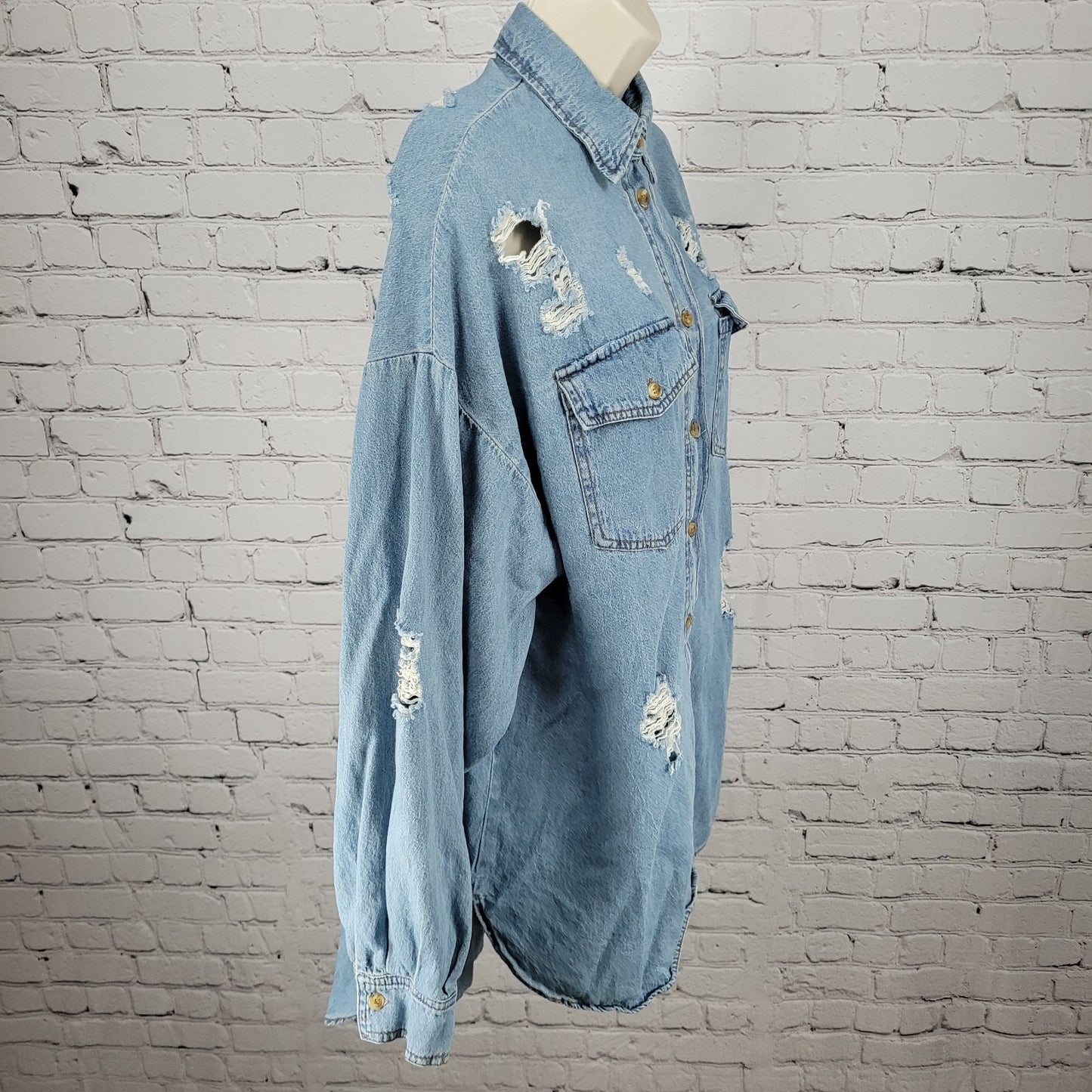 Signature 8 Blue Chambray Distressed Urban Streetwear Denim Button Shirt Small S