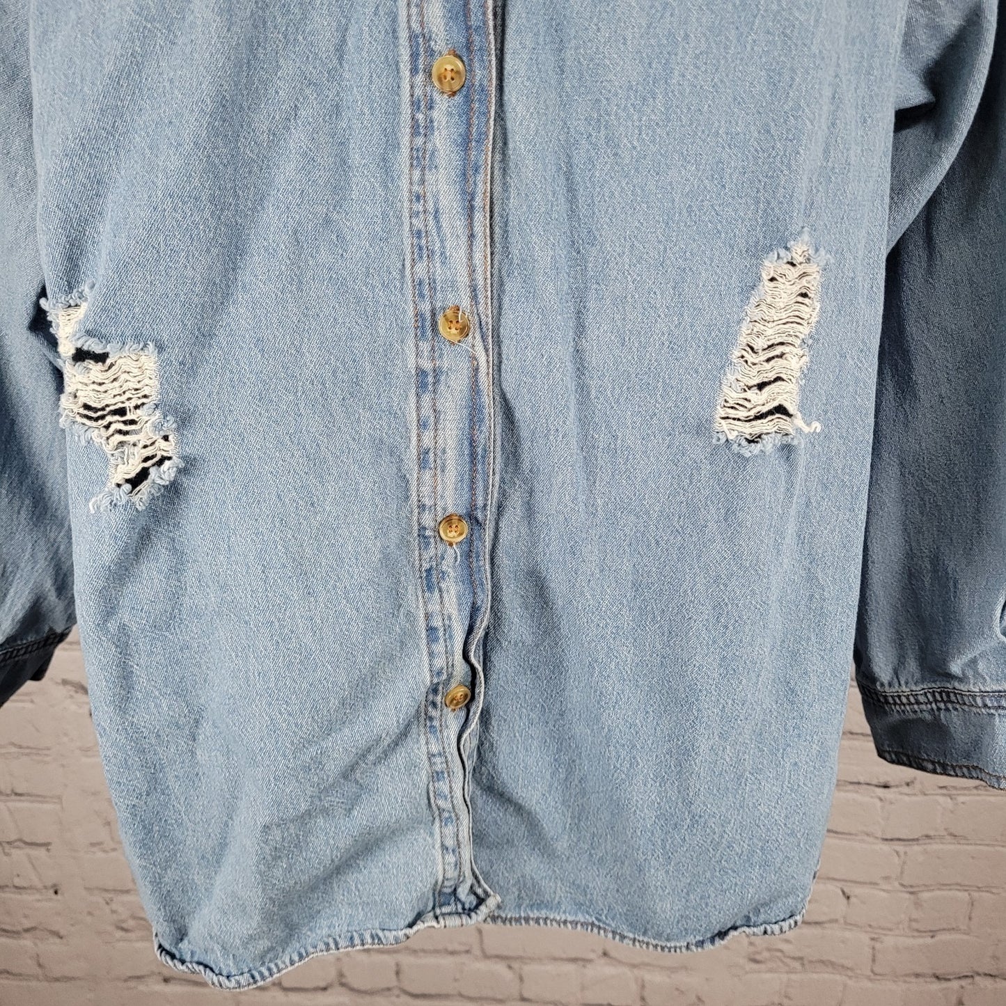 Signature 8 Blue Chambray Distressed Urban Streetwear Denim Button Shirt Small S