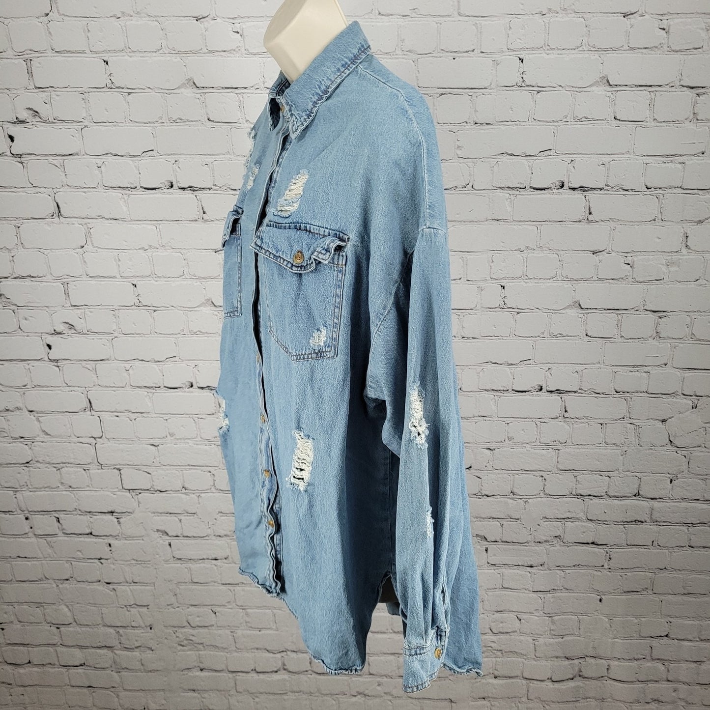 Signature 8 Blue Chambray Distressed Urban Streetwear Denim Button Shirt Small S