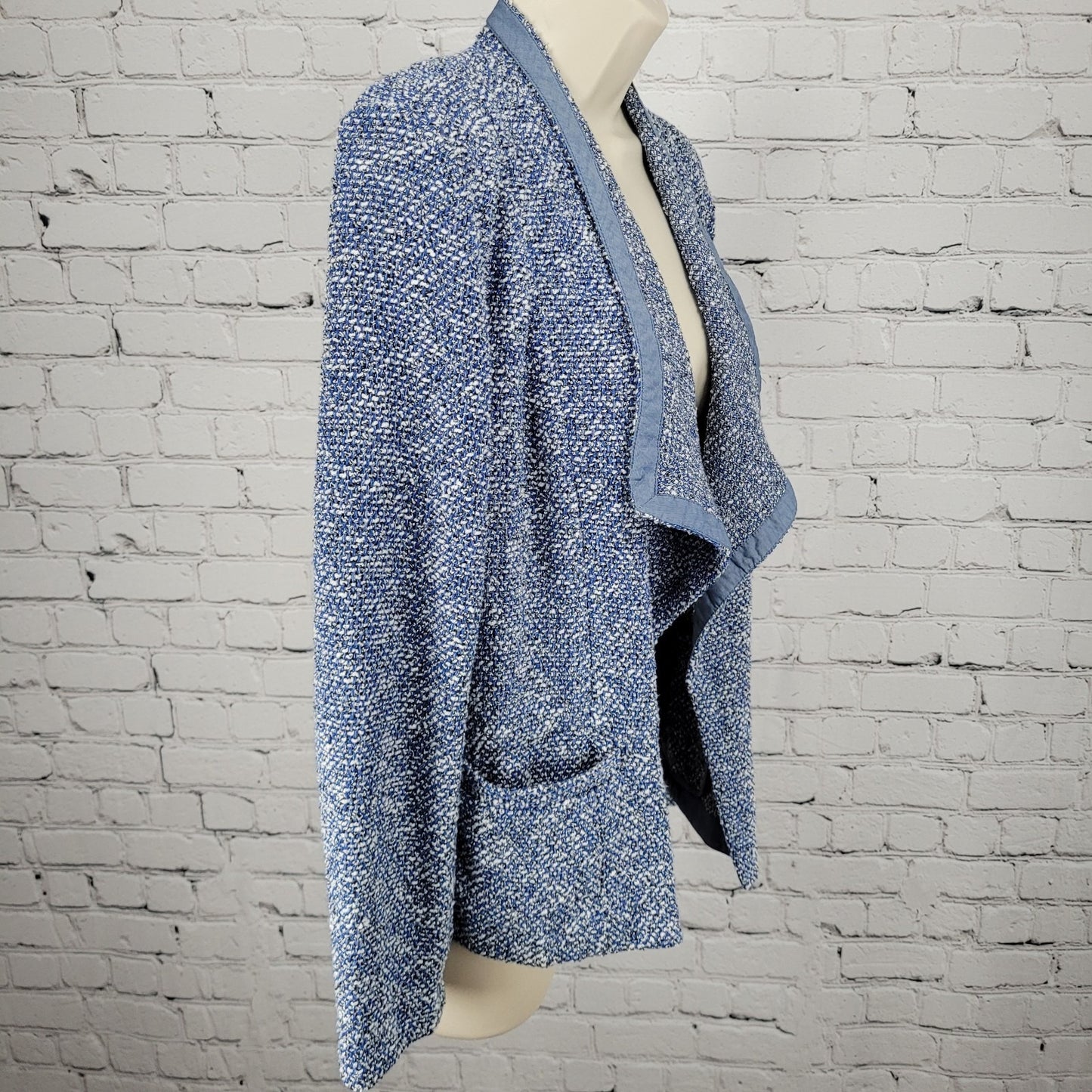Talbots Blue Textured Open Long Sleeve Pockets Unlined Lapel Jacket Small S