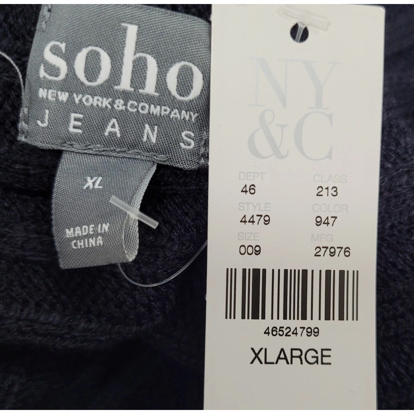 NWT NY&C Soho Jeans Black Knit Slouchy Dolman V Neck Pullover Sweater Size XL