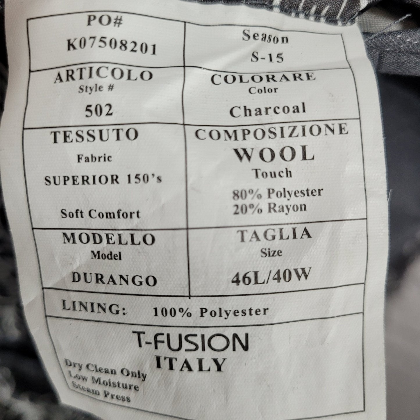 T-Fusion Italy Charcoal Diamond Durango 2 Piece Suit Set Size 46L 40W (36x31)