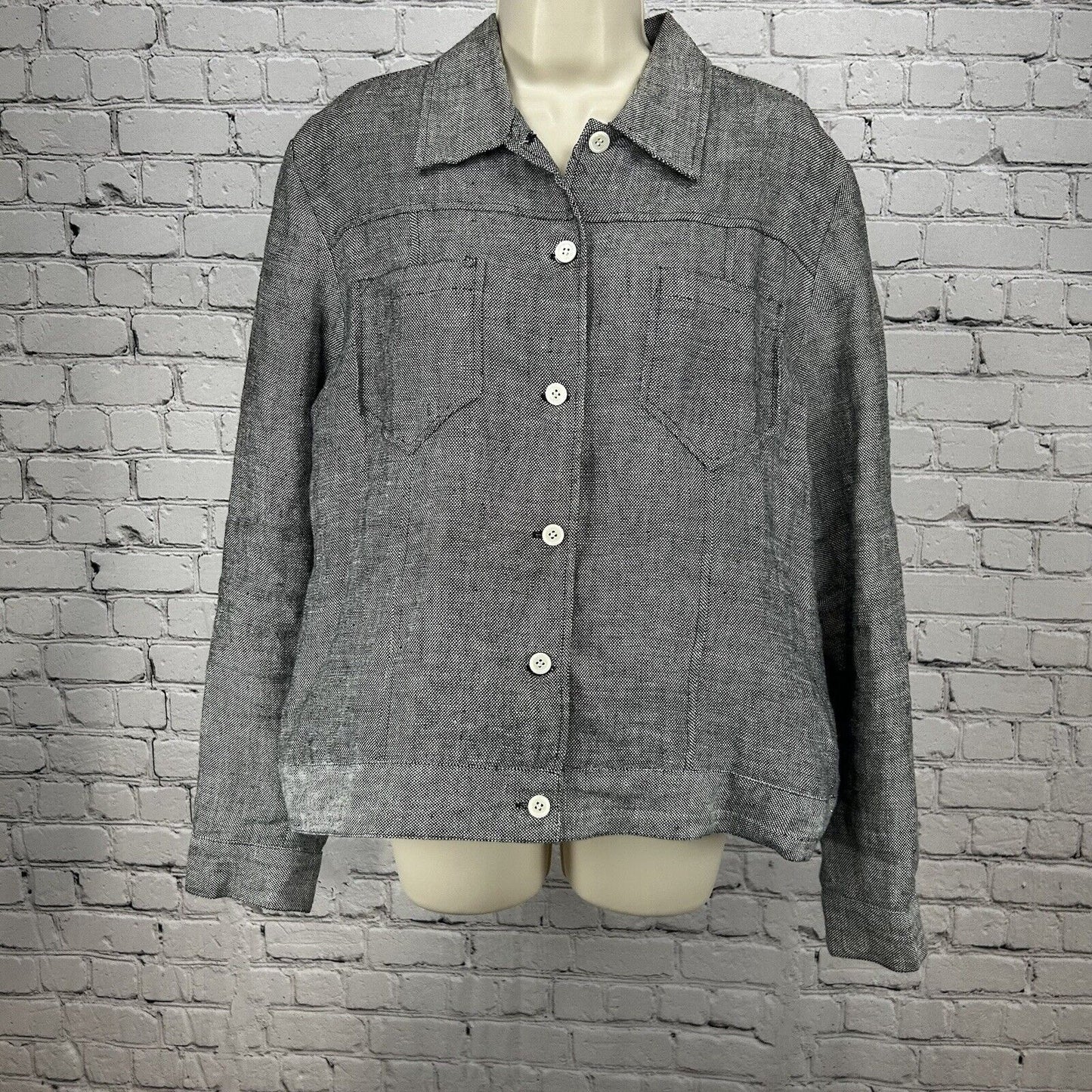 VTG John Paul Richard Gray Honeycomb 100% Linen Collared Long Sleeve Jacket 14
