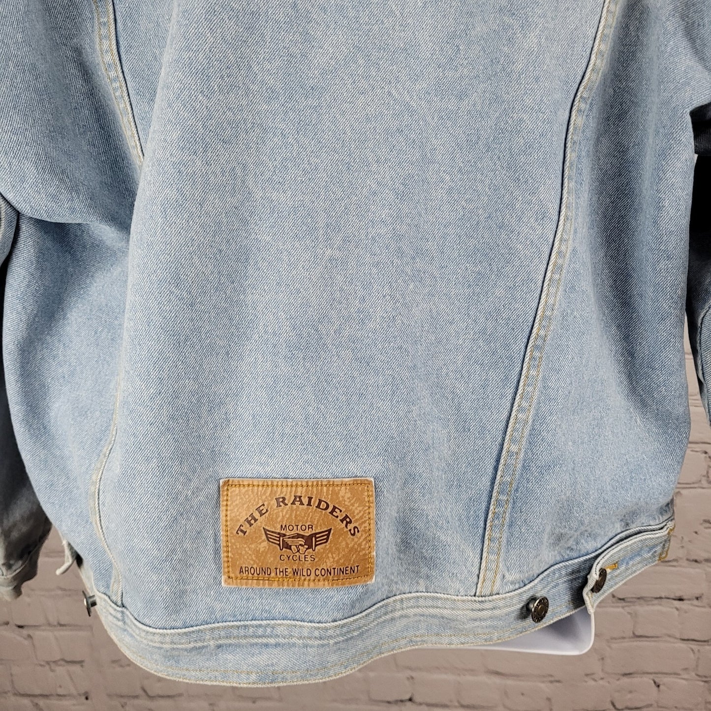 The Raiders Motorcycles Blue Denim Heavy Cotton Light Wash Jean Jacket Size 52