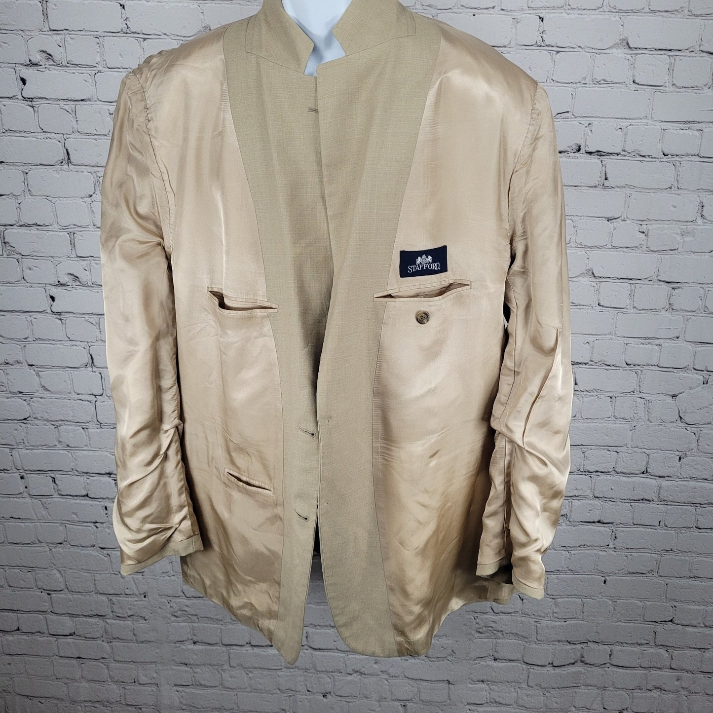 Stafford Beige Linen Blend 2 Button Vented Notch Blazer Sport Coat Size 48L