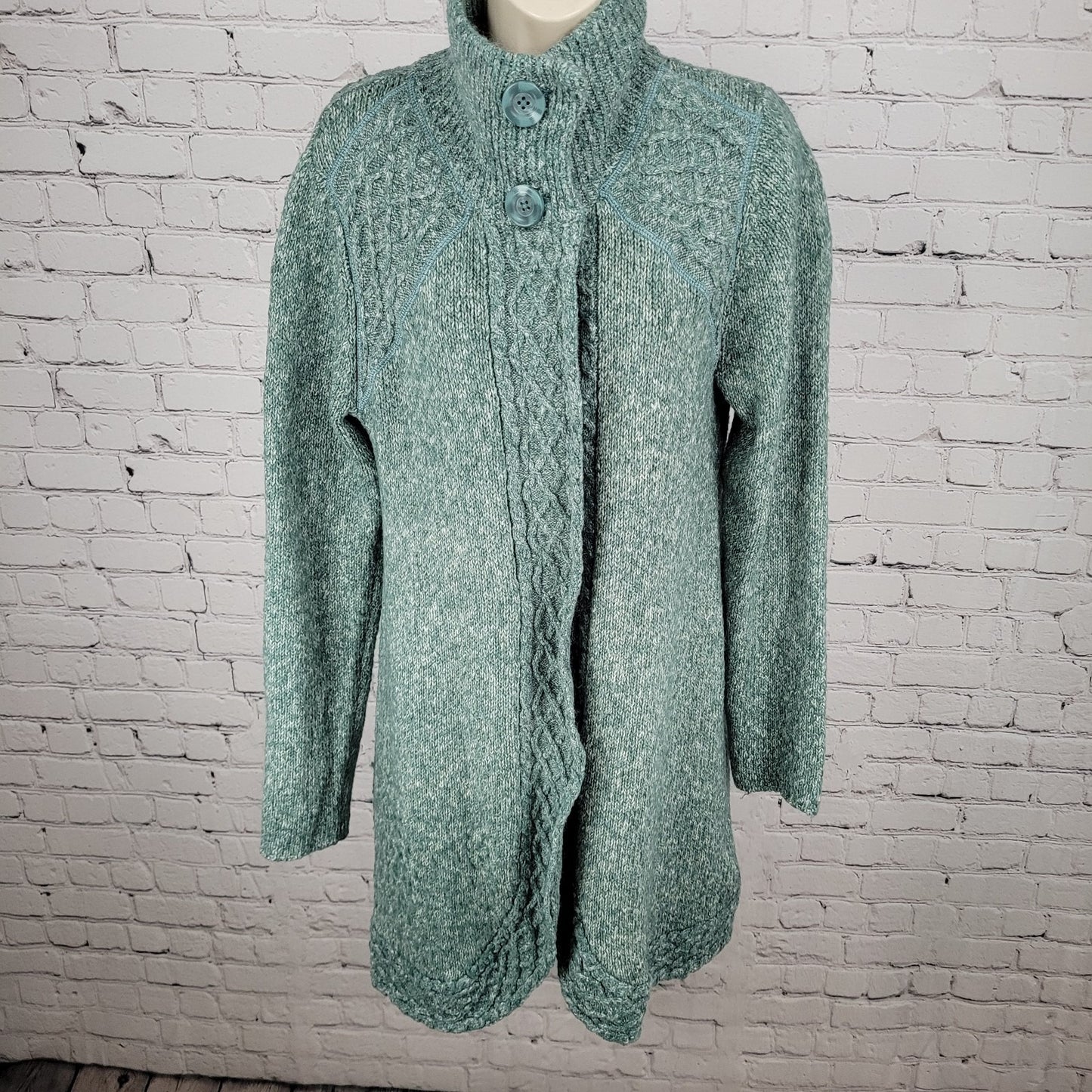 prAna Green Chunky Knit Snap & Button Up Long Cardigan Sweater Size Large L