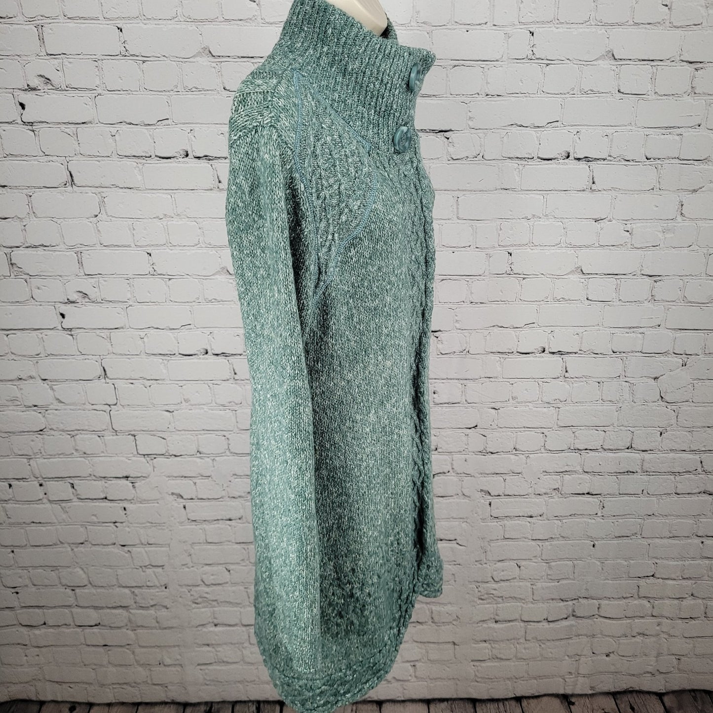 prAna Green Chunky Knit Snap & Button Up Long Cardigan Sweater Size Large L