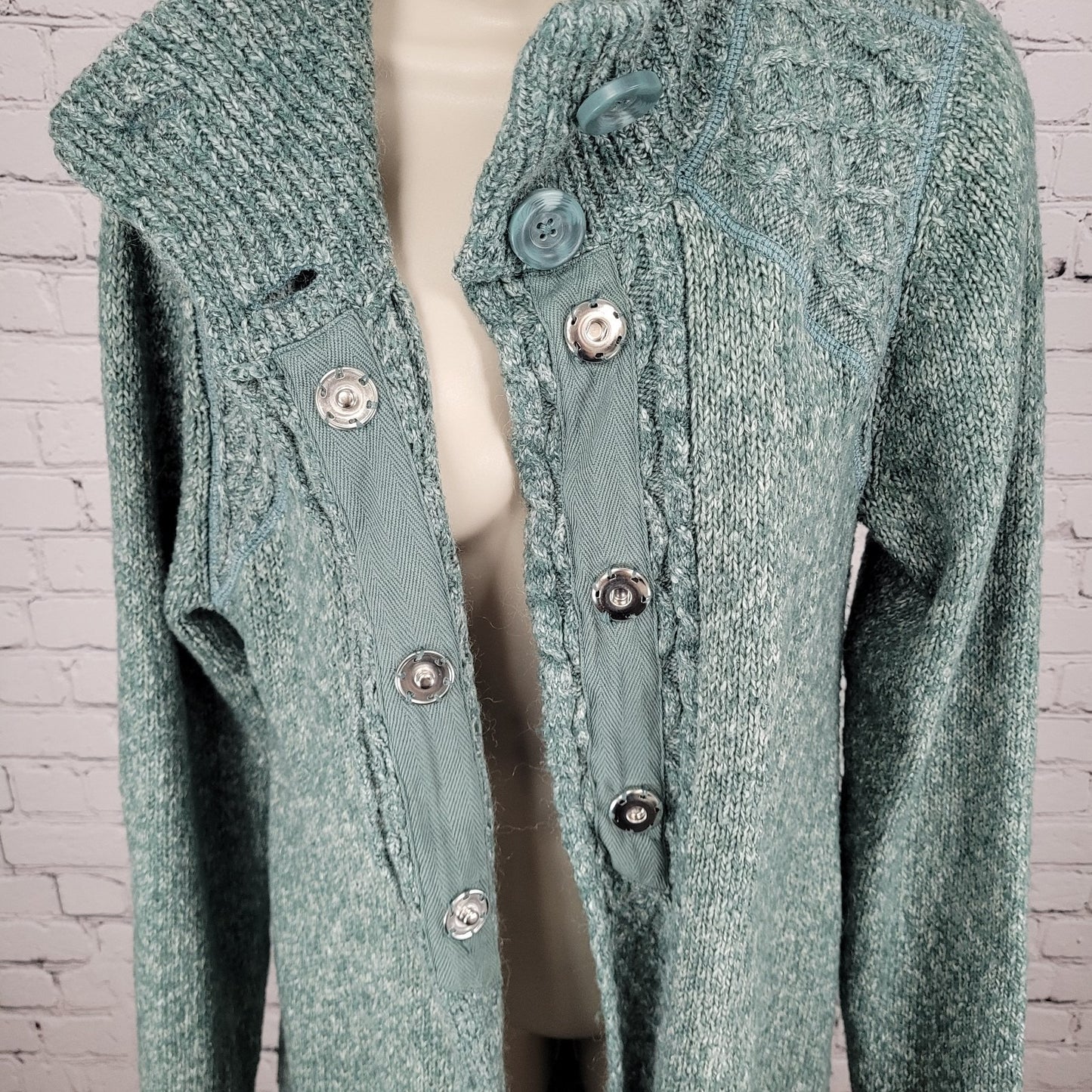prAna Green Chunky Knit Snap & Button Up Long Cardigan Sweater Size Large L