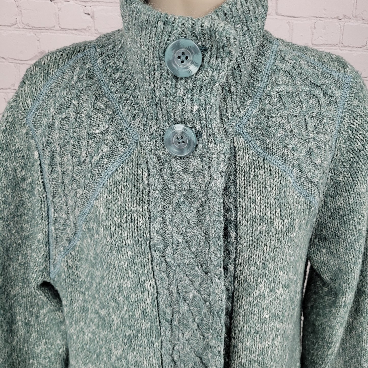 prAna Green Chunky Knit Snap & Button Up Long Cardigan Sweater Size Large L