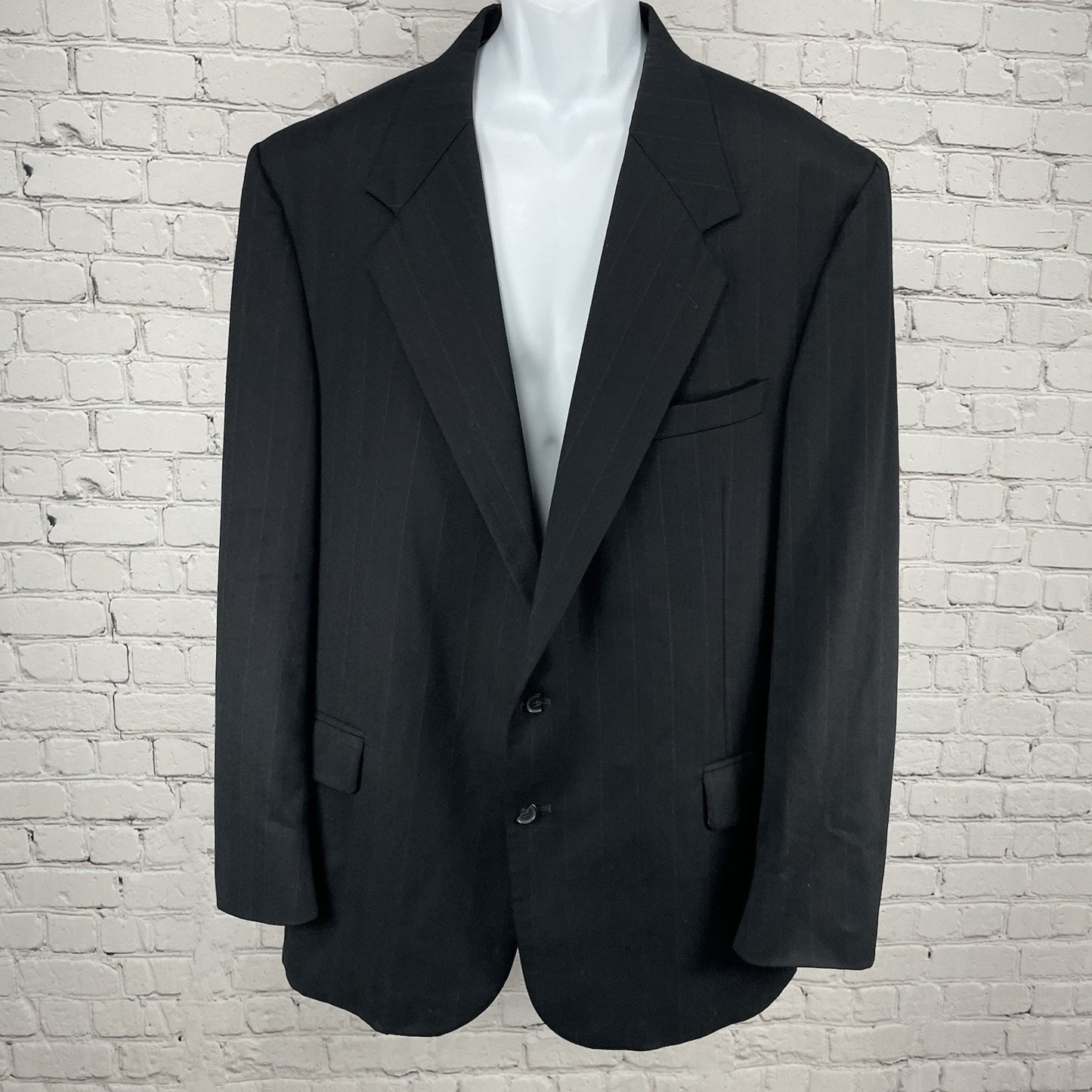 Hunting Horn Black Striped Wool 2 Button Ventless Notch Blazer USA Made Size 46L