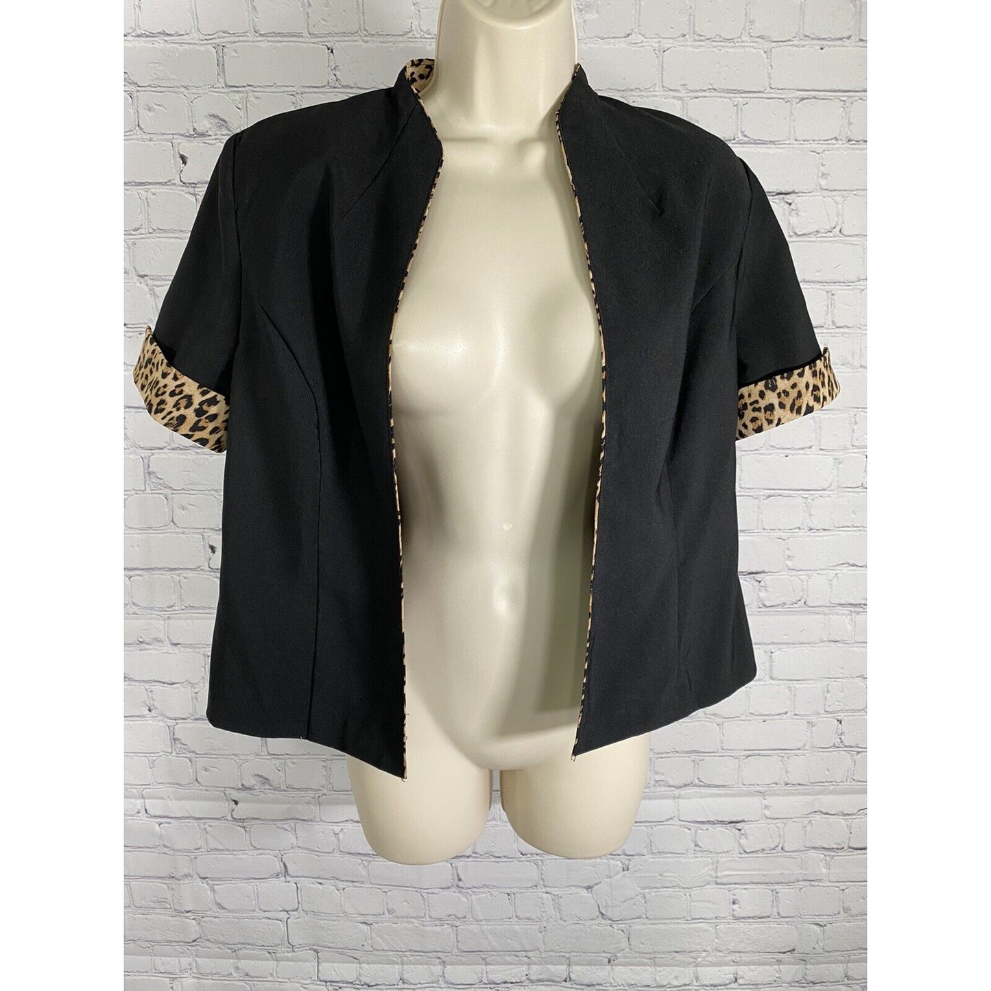 VTG Sheri Martin Petite Black Cheetah Print Short Sleeve Open Front Jacket 8P
