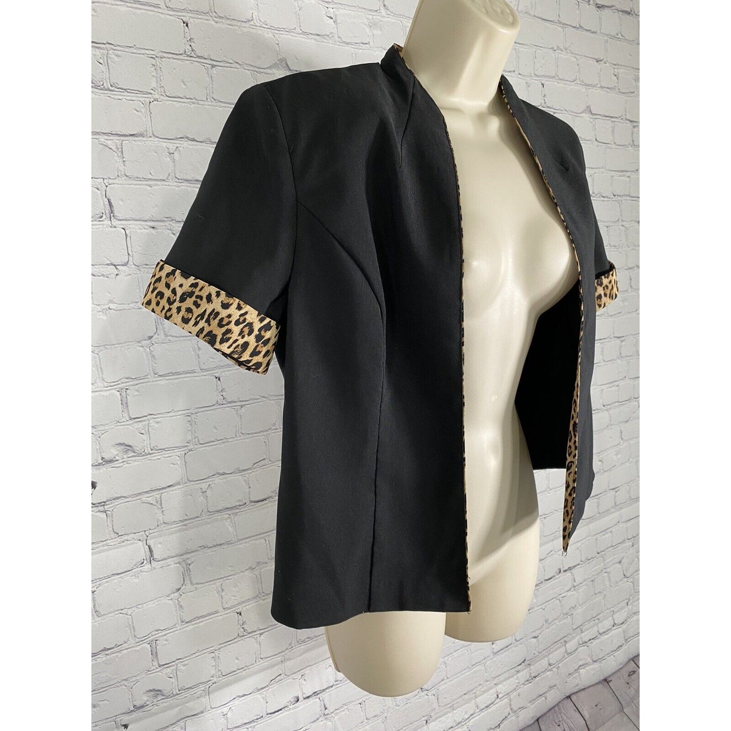VTG Sheri Martin Petite Black Cheetah Print Short Sleeve Open Front Jacket 8P