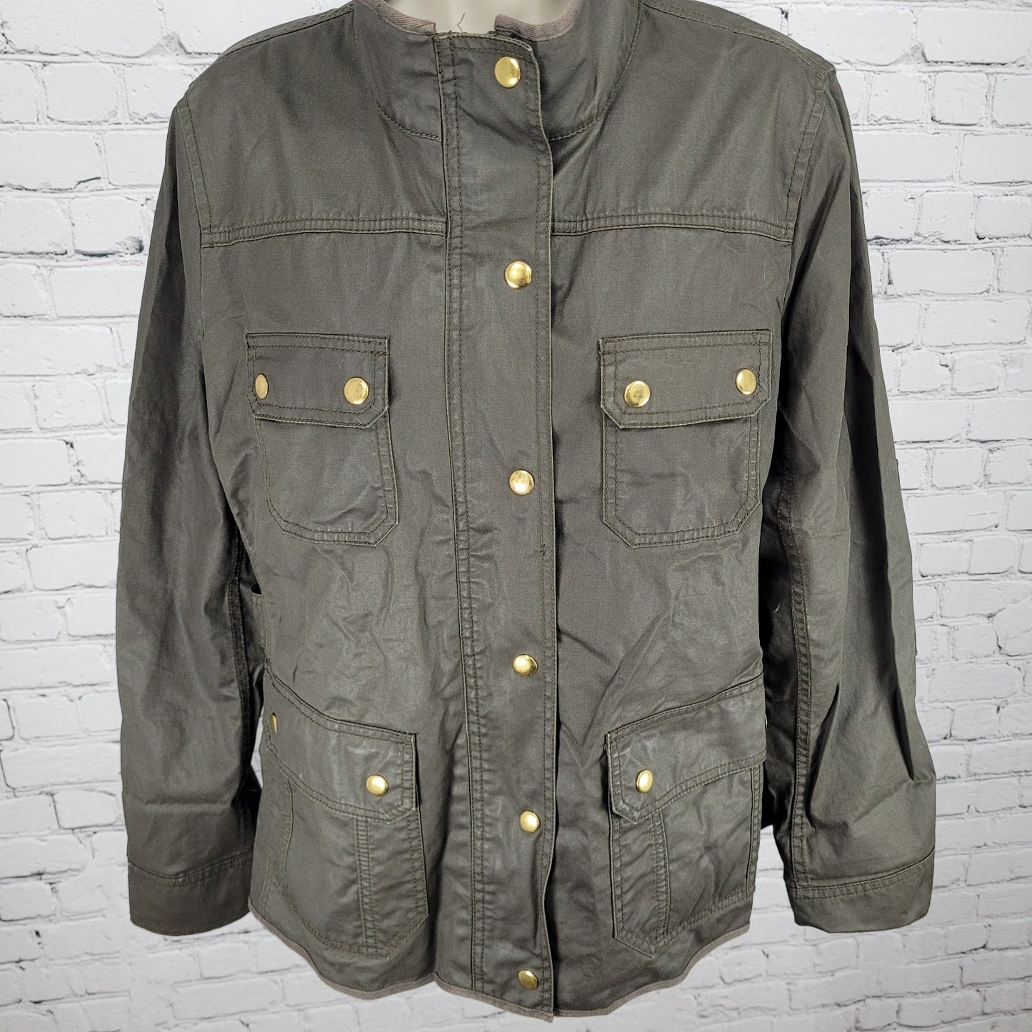 J.CREW Brown Waxed Cotton Gold Snap Zipped Unlined Utility Jacket Size Large L