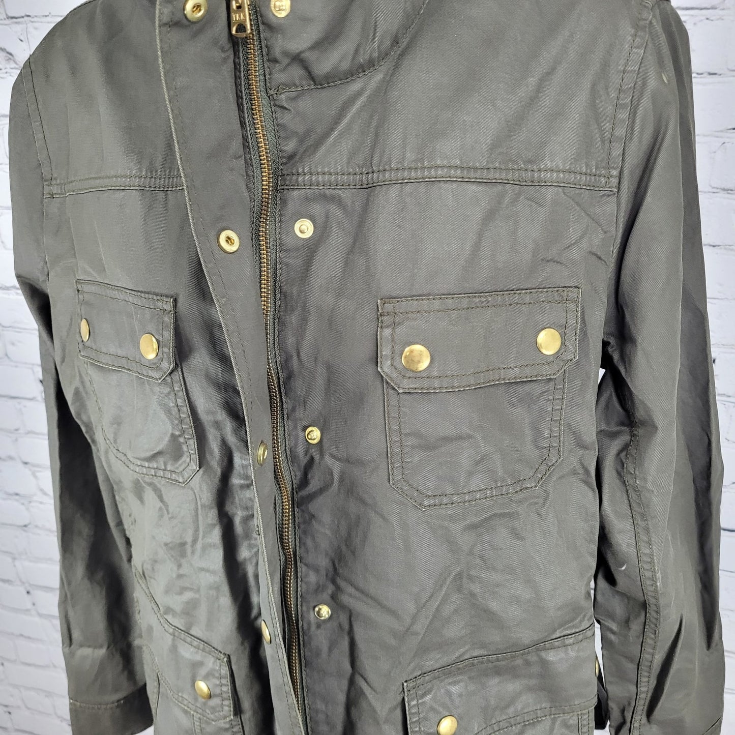 J.CREW Brown Waxed Cotton Gold Snap Zipped Unlined Utility Jacket Size Large L