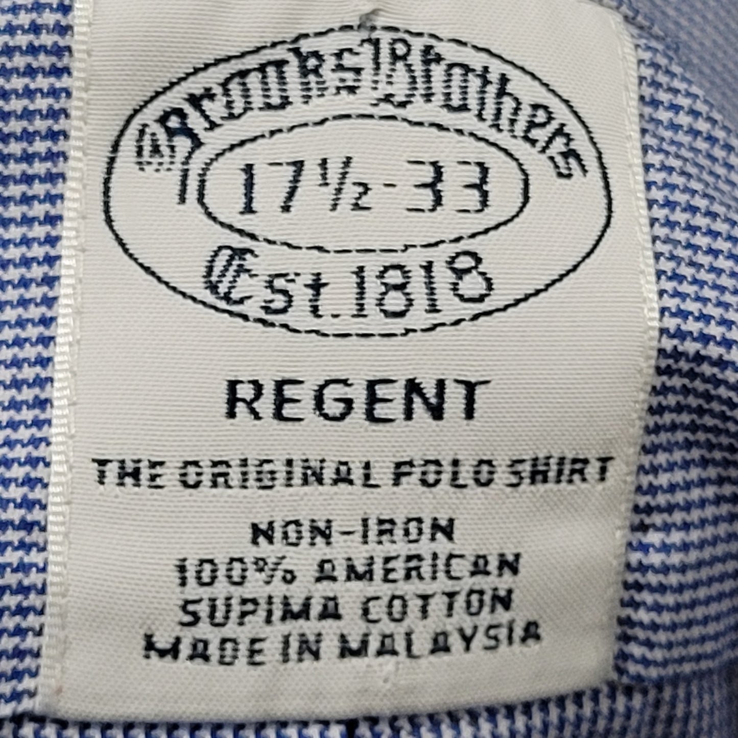 Brooks Brothers Blue Supima Cotton Regent Non Iron Long Sleeve Shirt 17.5-33