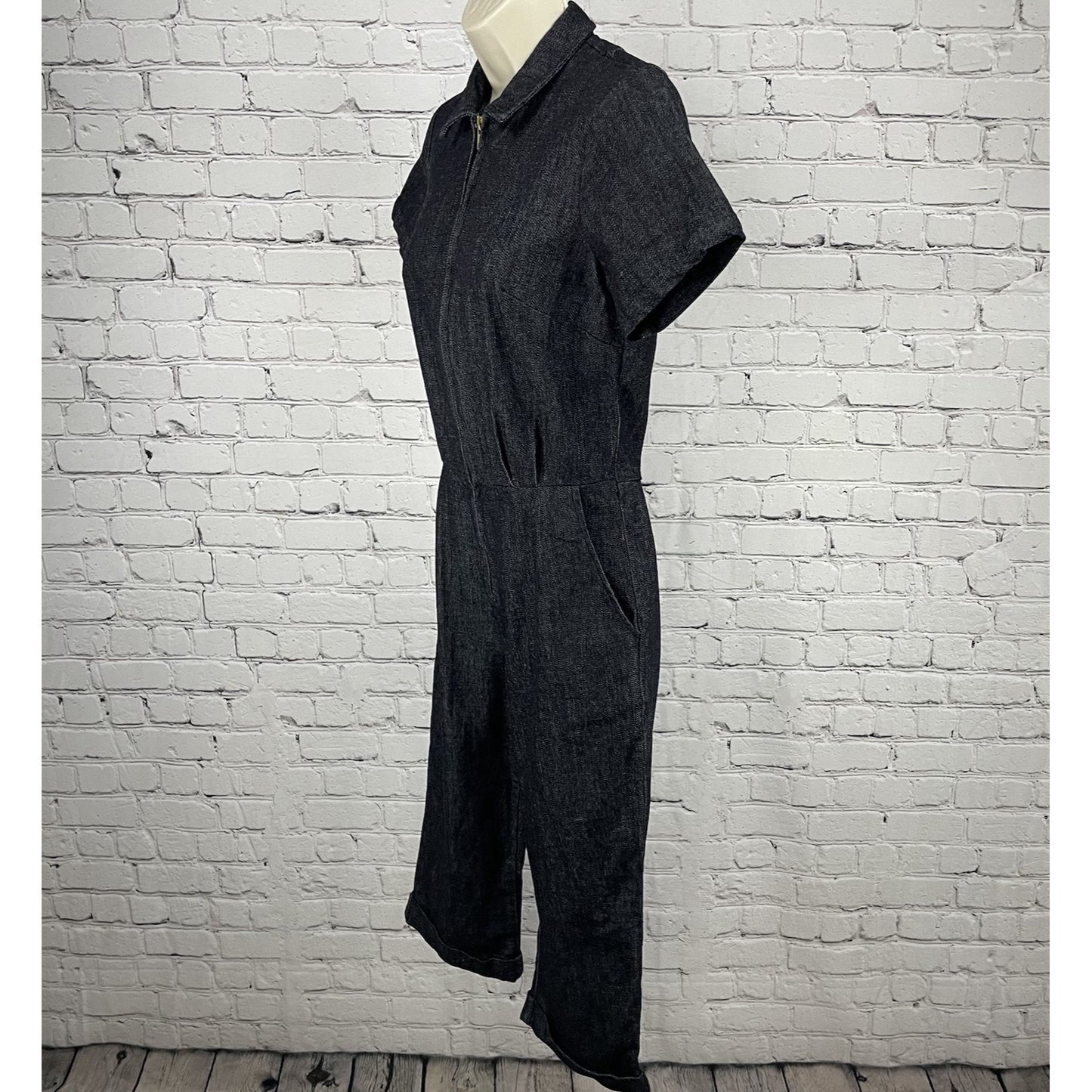 VTG Billie Jo Retro Black Denim Zipped Capri Stretch Pockets Jumpsuit USA Small