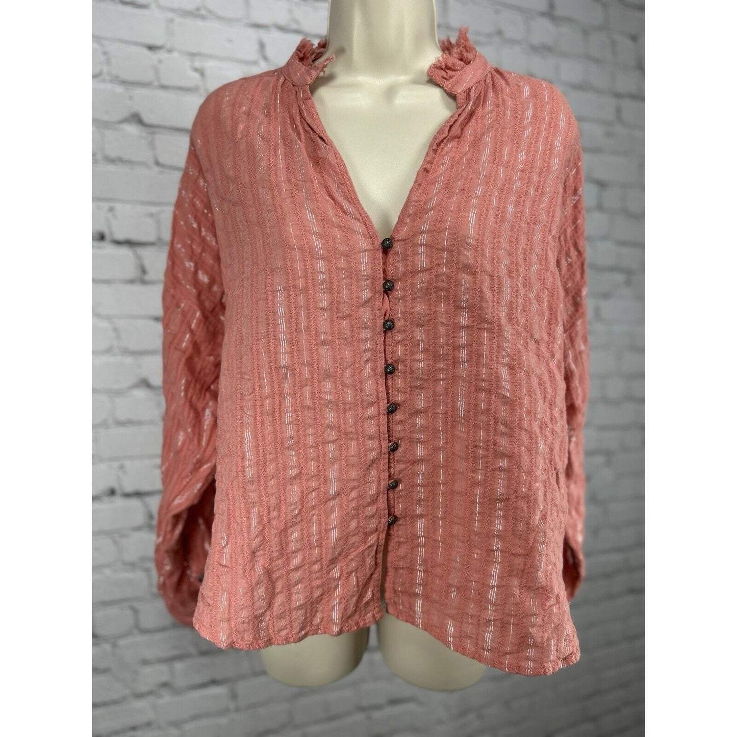 Anthropologie Pilcro Tavi Pink Metallic Button Up Long Sleeve Blouse Size Large