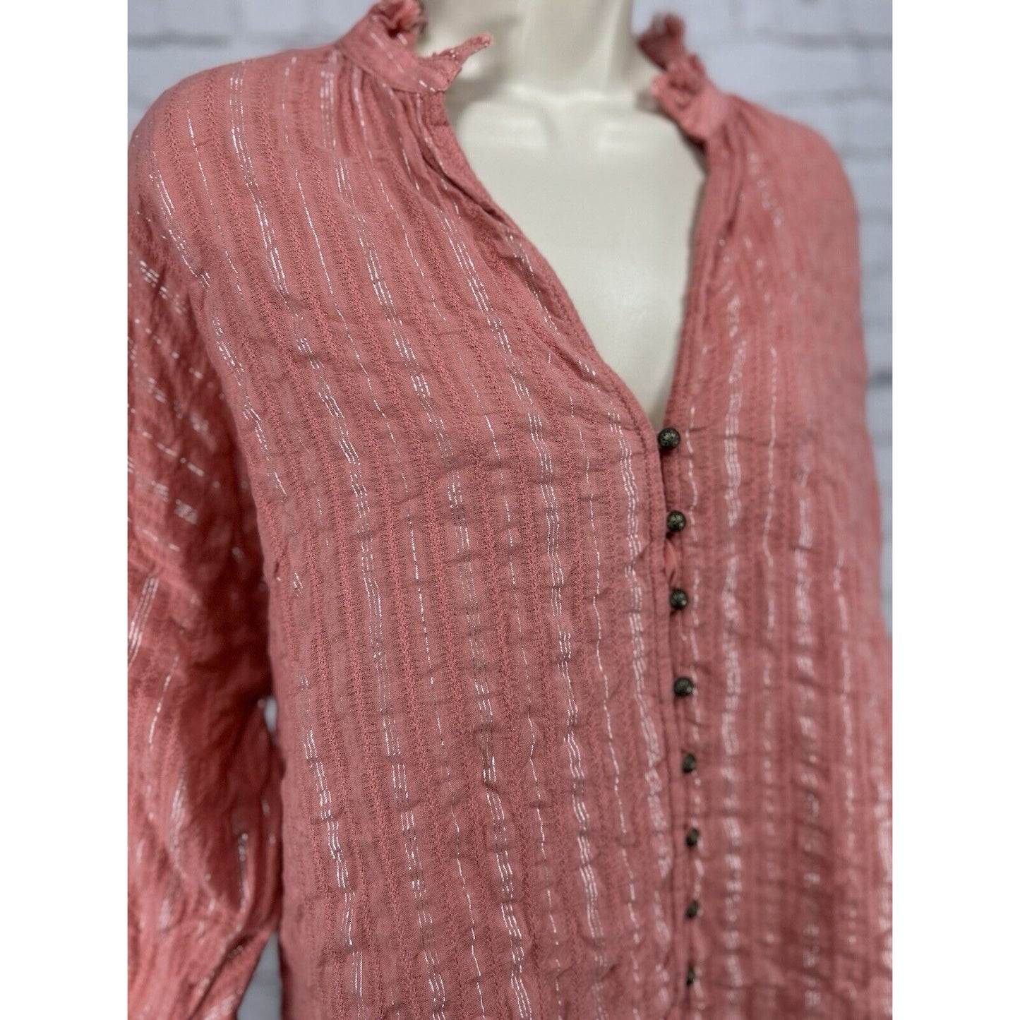 Anthropologie Pilcro Tavi Pink Metallic Button Up Long Sleeve Blouse Size Large