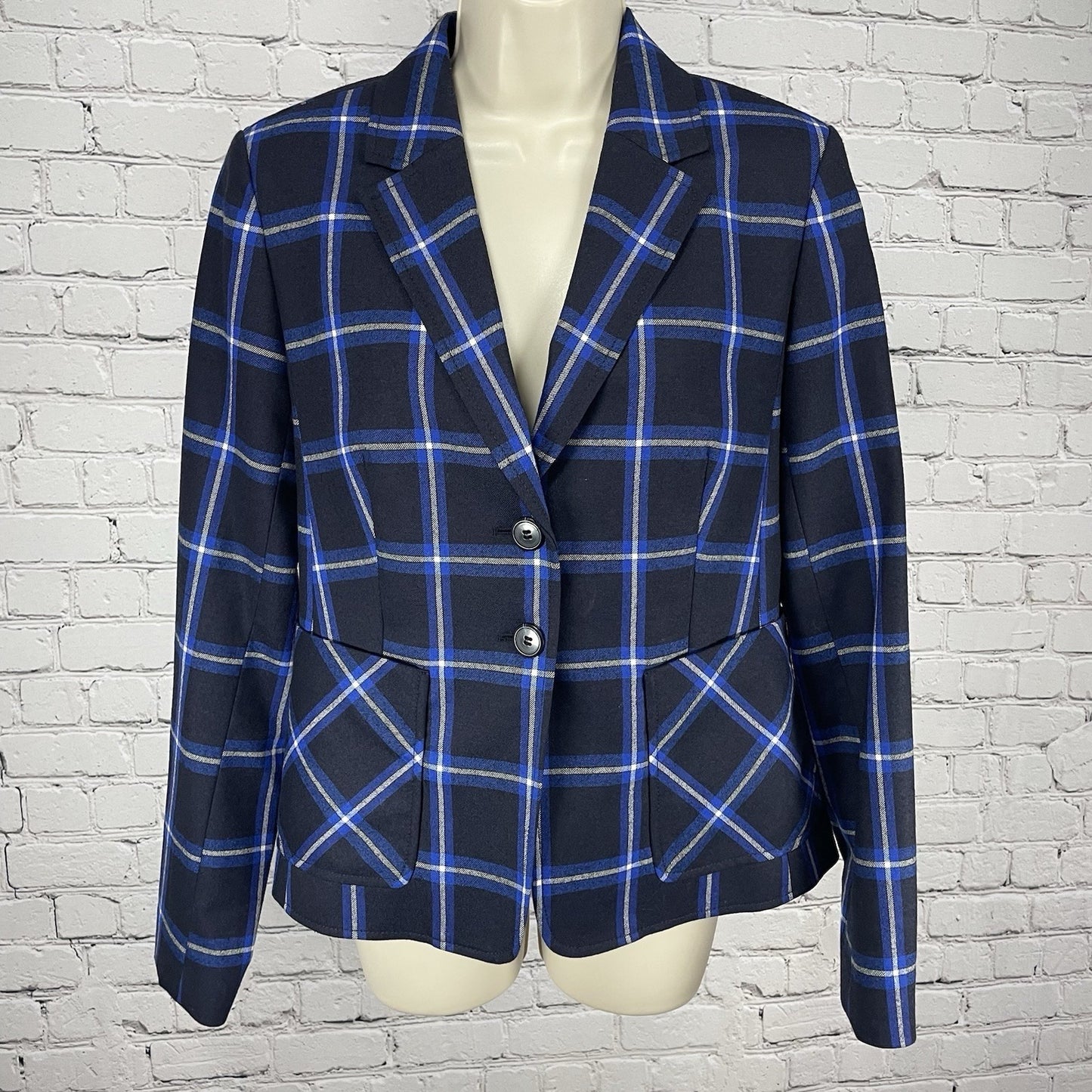 Nordstrom Signature Black Blue Check Virgin Wool 2 Button Blazer Jacket Size 6