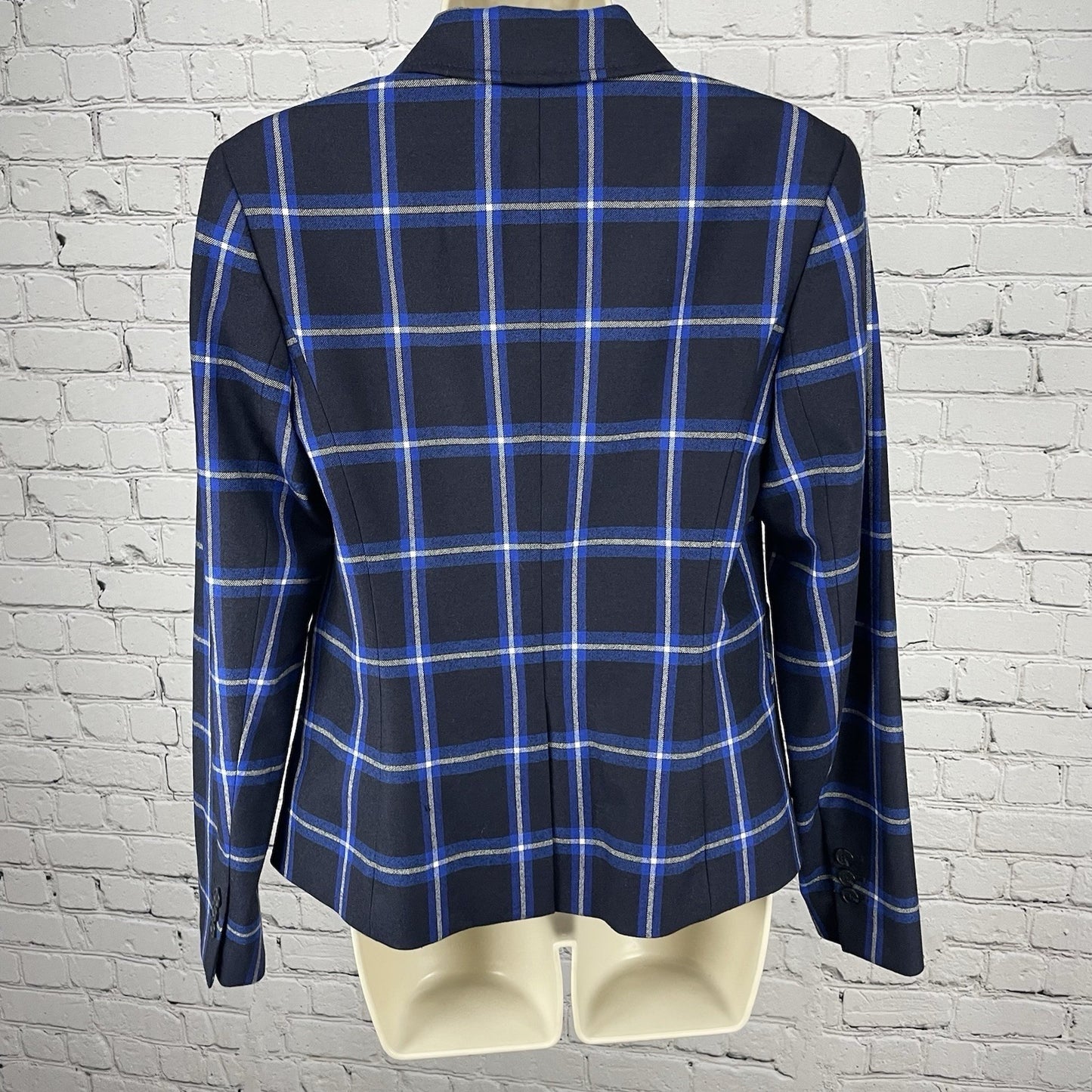 Nordstrom Signature Black Blue Check Virgin Wool 2 Button Blazer Jacket Size 6